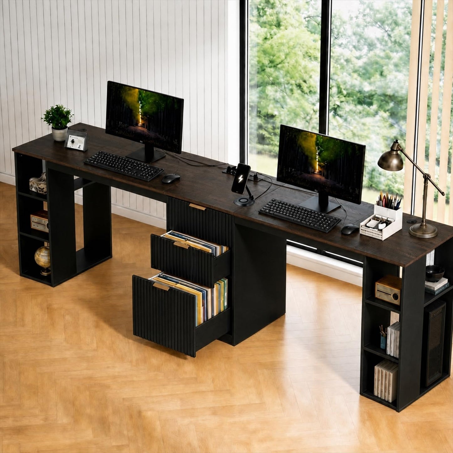 NORTHSKY 96.5" 2 Person Desk with Power Outlet & USB Ports, Double Computer Desk with Drawers & Storage Shelves, Modern Fluted Gaming Desk for Home Office, Black
