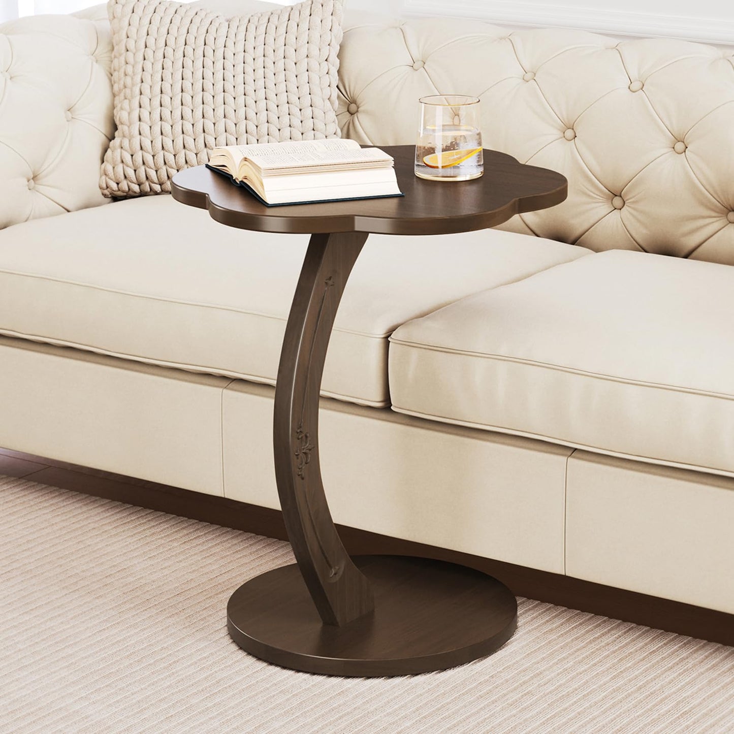 MYOTA C-Shaped End Table for Couch - Round Small C Side Table, Flower Handmade Wood Sofa Couch Tables That Slide Under Bedside, Saving Space Wooden Tray for Living Room, Small Space, (Dark Walnut)