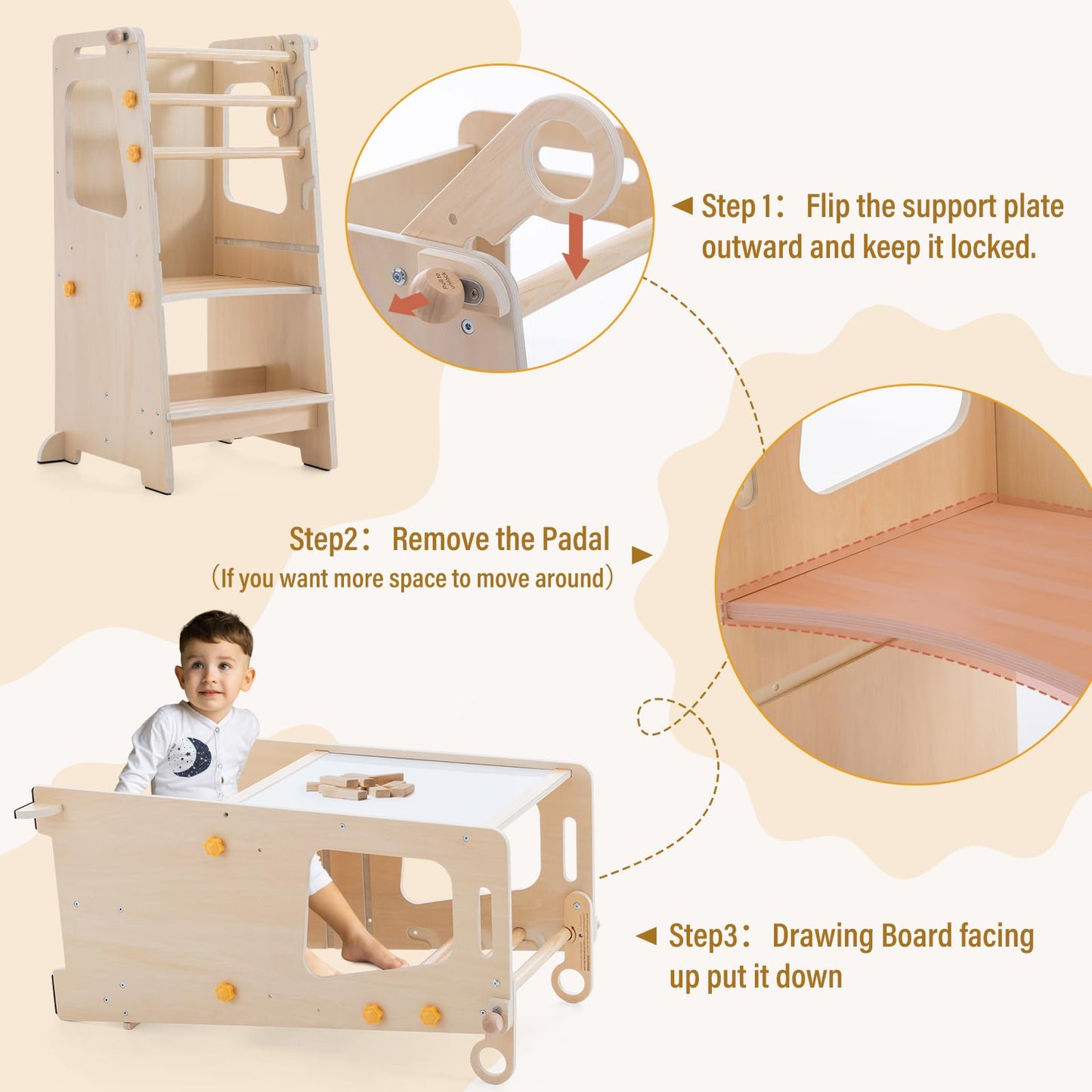 Gewitt Toddler Standing Tower, 4 in 1 Kitchen Stool Helper with Whiteboard, Kids Step Stool with Convertible Table and Chair, Toddler Helper Tower with Adjustable Height for Counter,Sink