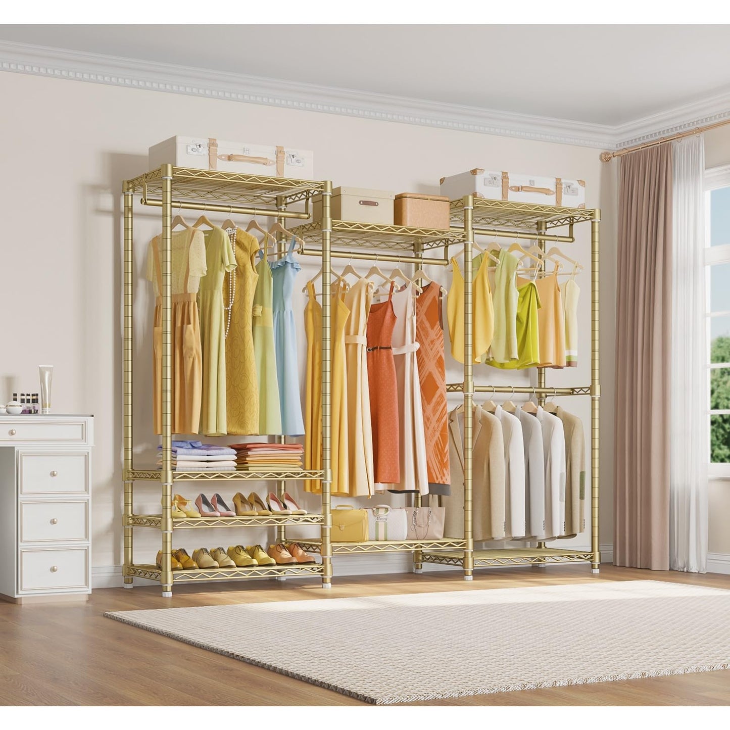 VIPEK V5 Portable Closet Wardrobe Heavy Duty Clothes Rack, Freestanding Metal Clothing Racks Custom Closet Racks with 8 Adjustable Shelves, 68.9" Lx15.7 Wx76.4 H, Max Load 890LBS, Gold
