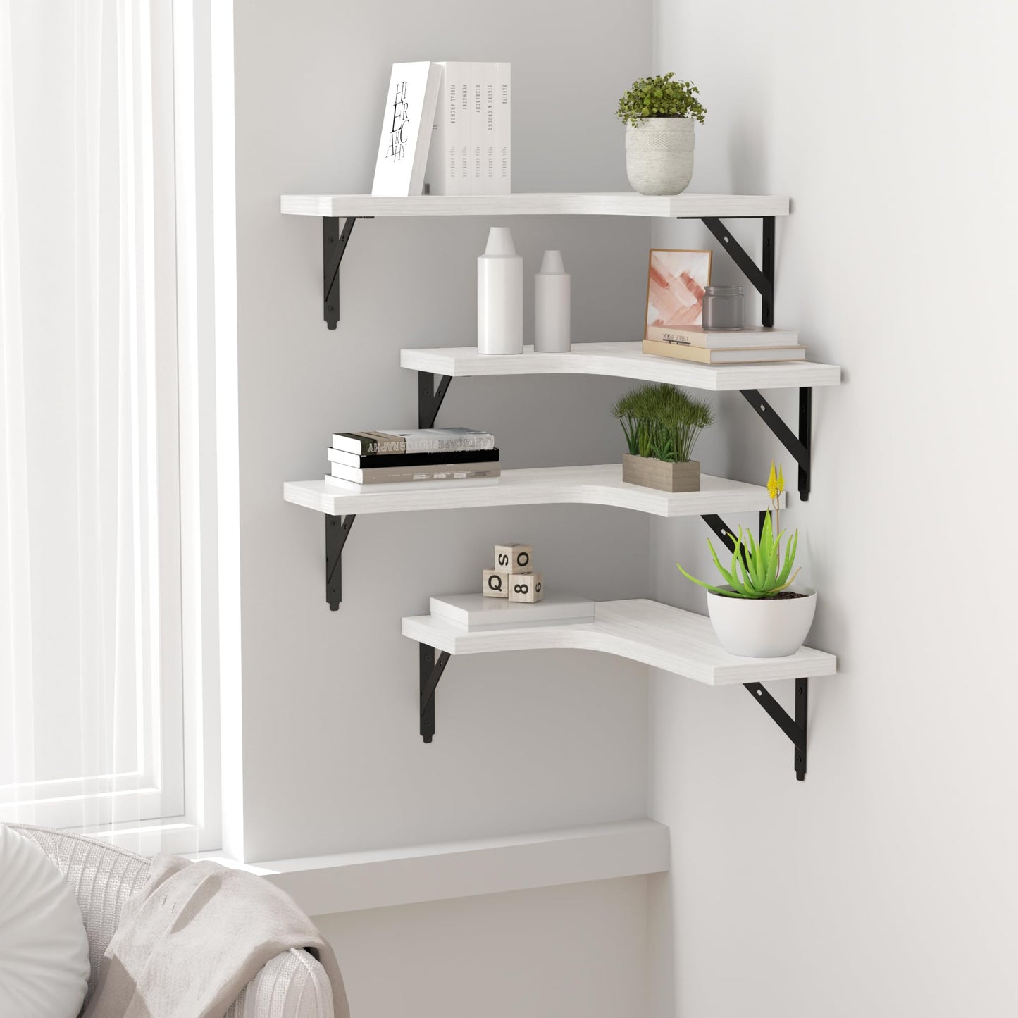 ROMGUAR CRAFT Corner Floating Shelves Wall Mounted Set of 4, Rustic Wood Storage Display Shelves for Home Decor, Bathroom, Kitchen, Bedroom, Living Room, Office (White)