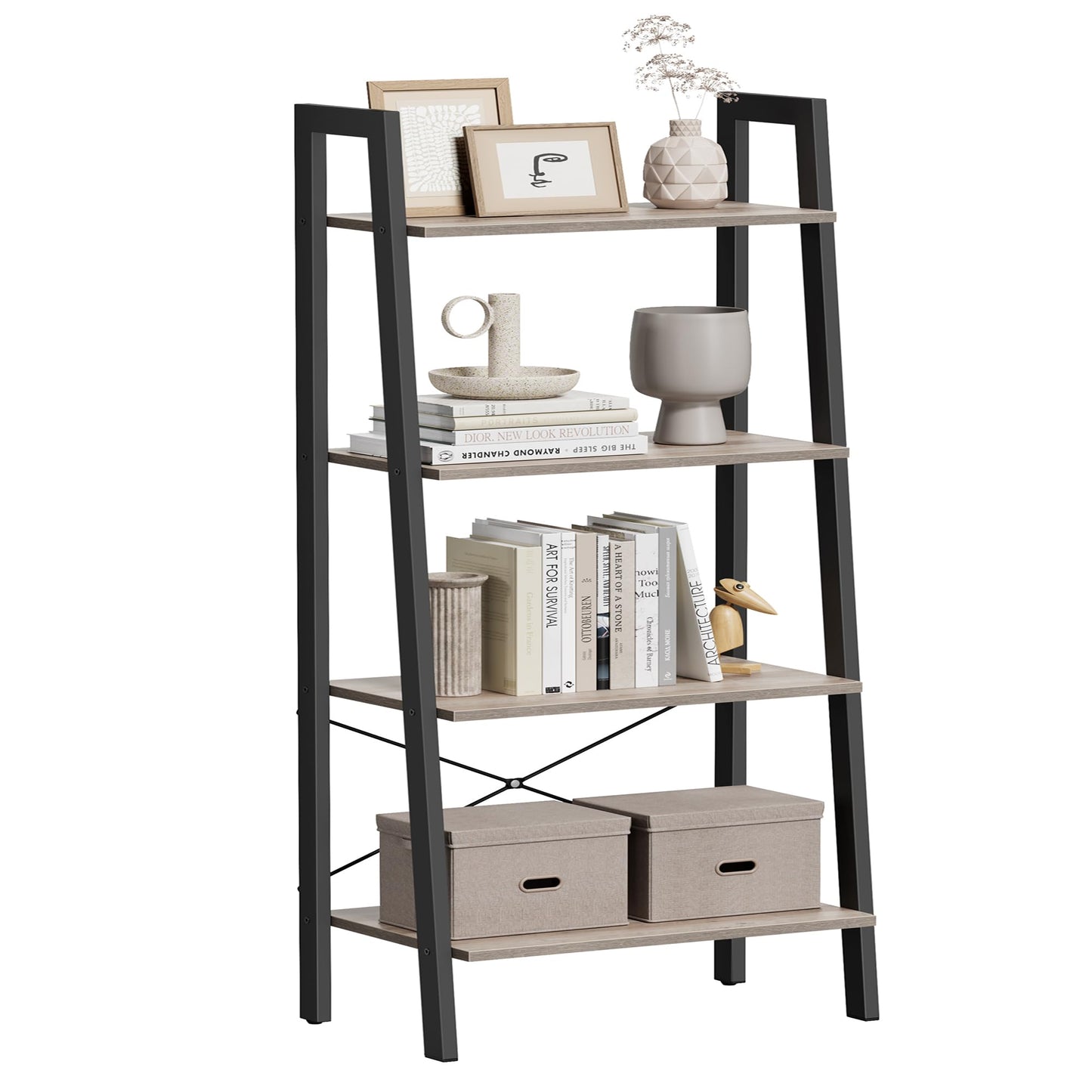 VASAGLE BARNET Collection - Ladder Shelf, Bookshelf, Storage Rack, Modern Bookcase for Living Room Home Office Kitchen, Steel Frame, 4-Tier, 22-Inch Wide, Heather Greige and Ink Black ULLS44MB