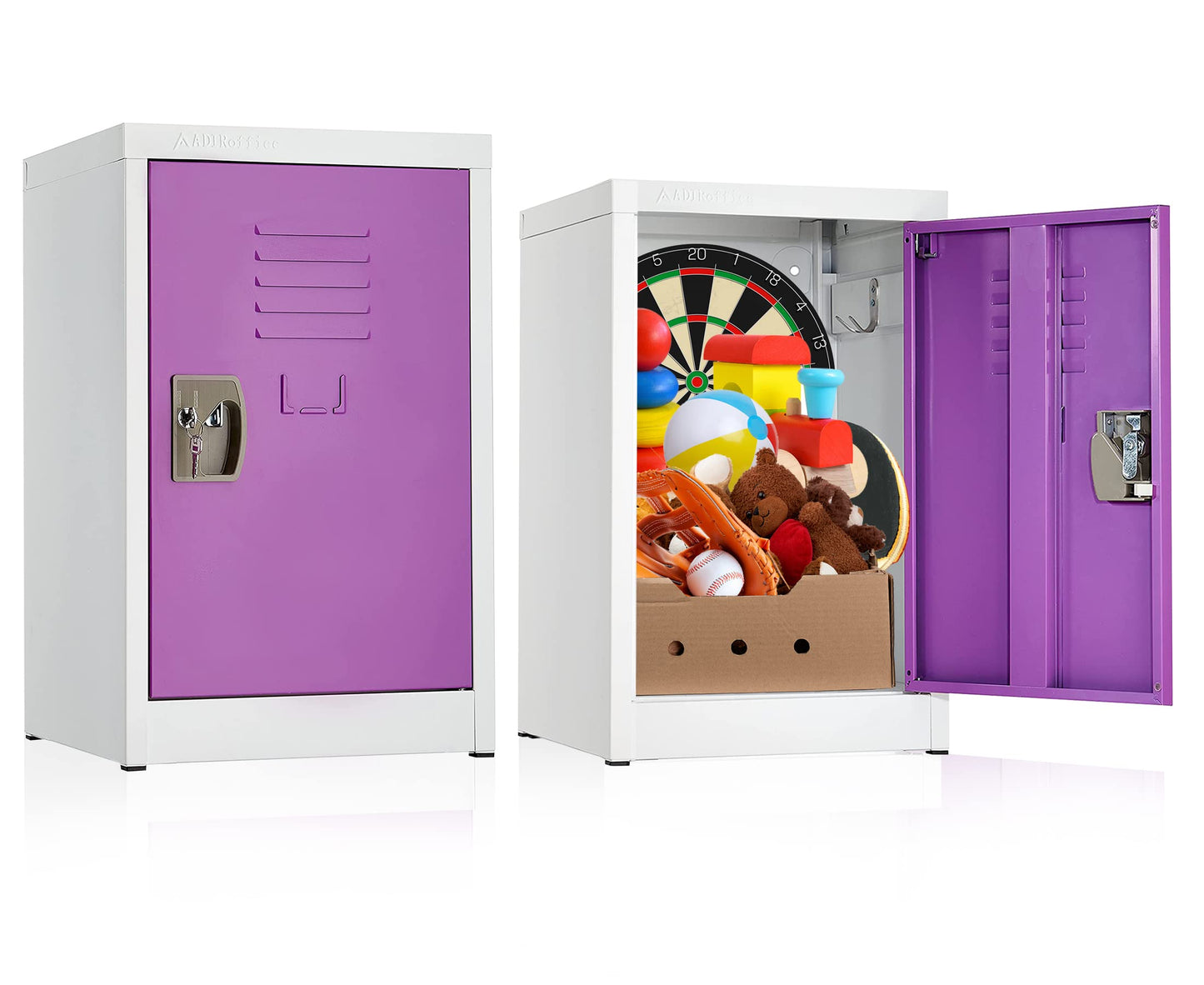 AdirOffice Kids Steel Metal Storage Locker - for Home & School - with Key & Hanging Rods (24 in 1 Door, Purple)