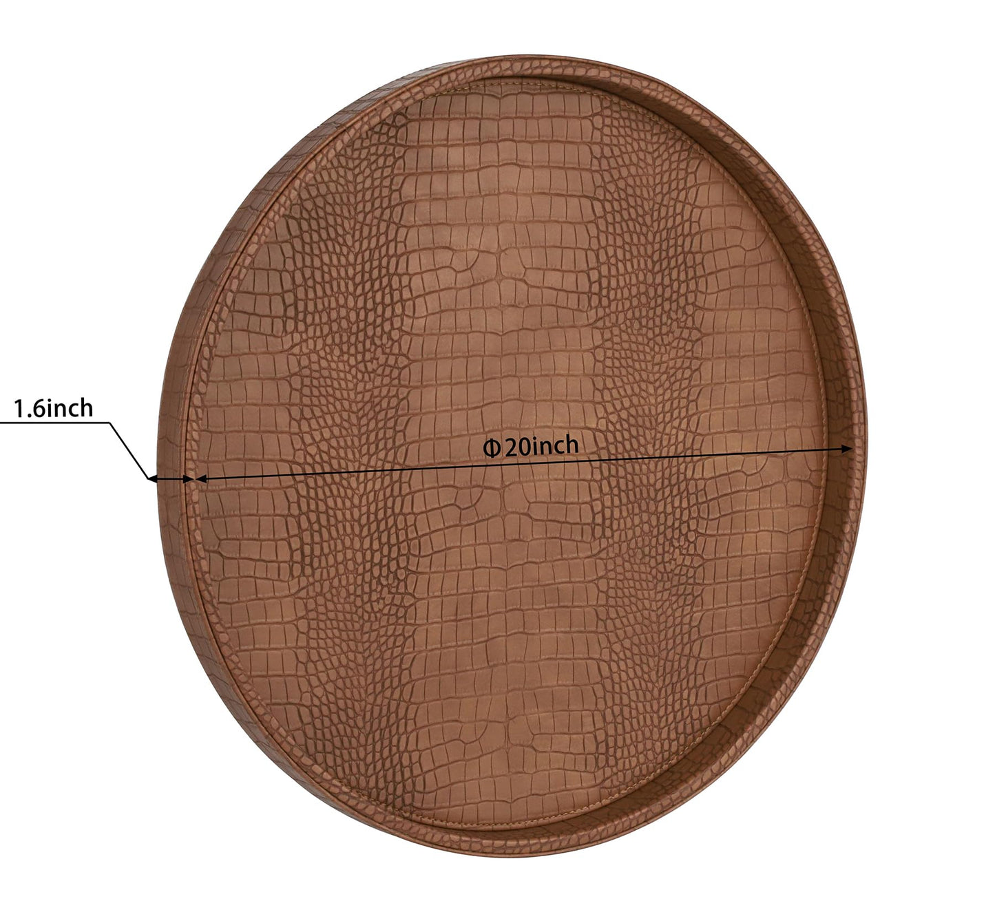 HofferRuffer Round Serving Tray 20'', Elegant Faux Leather Circle Ottoman Table Tray, Serve Tea Coffee Breakfast in Bedroom Living Room Kitchen (Brown)