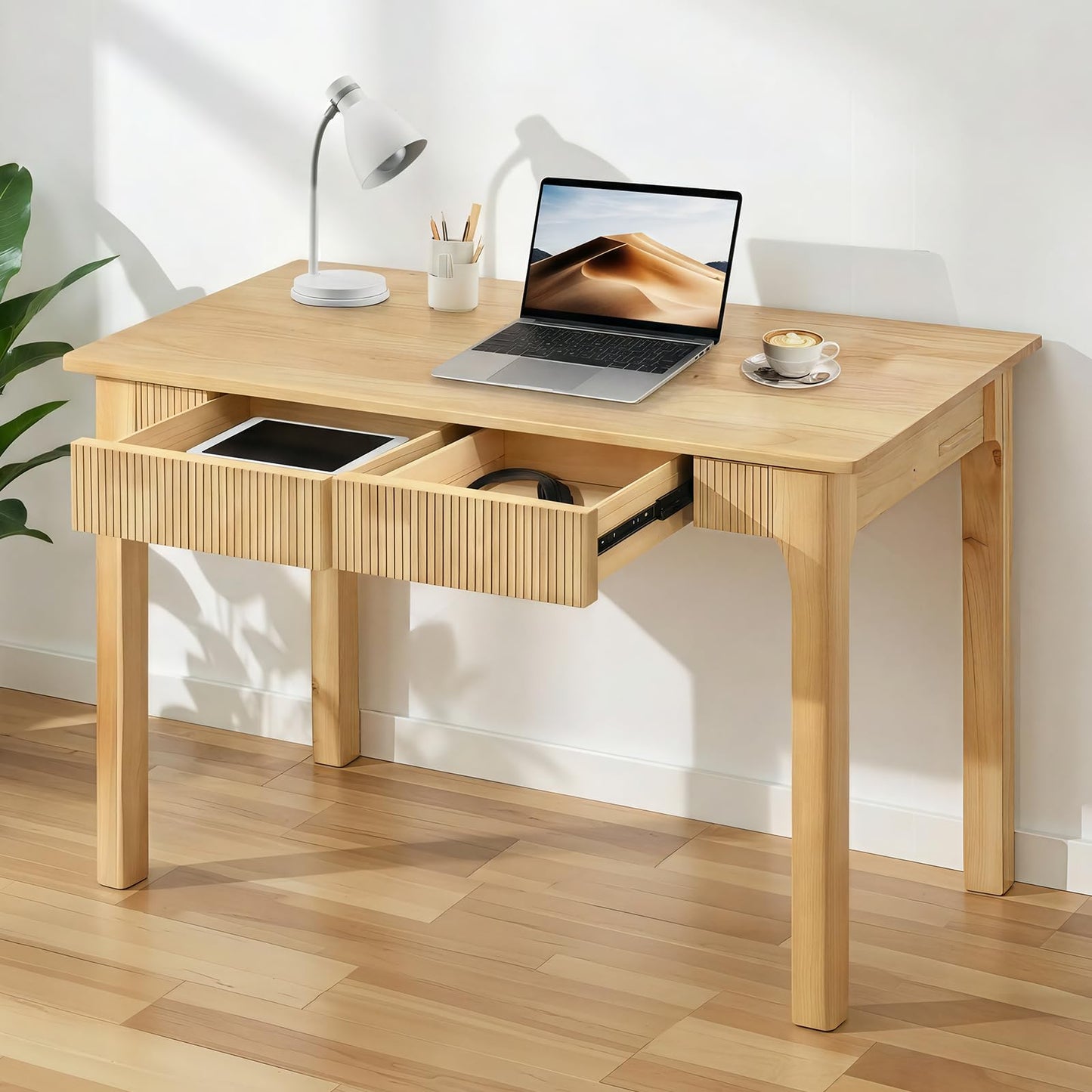Solid Wood Desk with 2 Drawers,Mid Century Modern Fluted Writing Desk for Home Office,Bedroom,Living Room,Computer Table for Study/Work,oak wood,Easy Assembly. (Nature, 39.4"L x 22"W x 29.5"H)