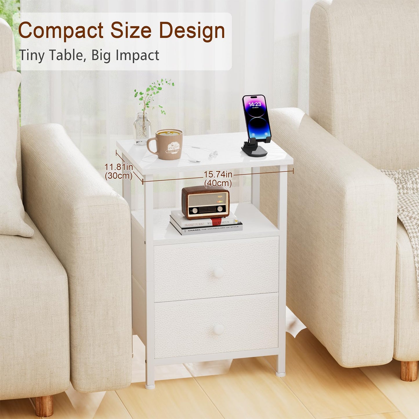LOAKEKEL Night Stand, Nightstand with 2 Fabric Drawers for Bedroom, Small End Table with Open Storage Shelf for Living Room, Bedisde Table for Apartment, White, HETS002WP-1