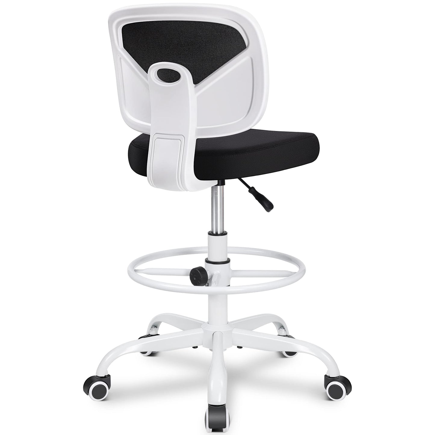 Primy Armless Mid-Back Ergonomic Standing Desk Chair - Mesh Rolling Tall Chair, Adjustable Height and Footring, Art Room, Office or Home (White)