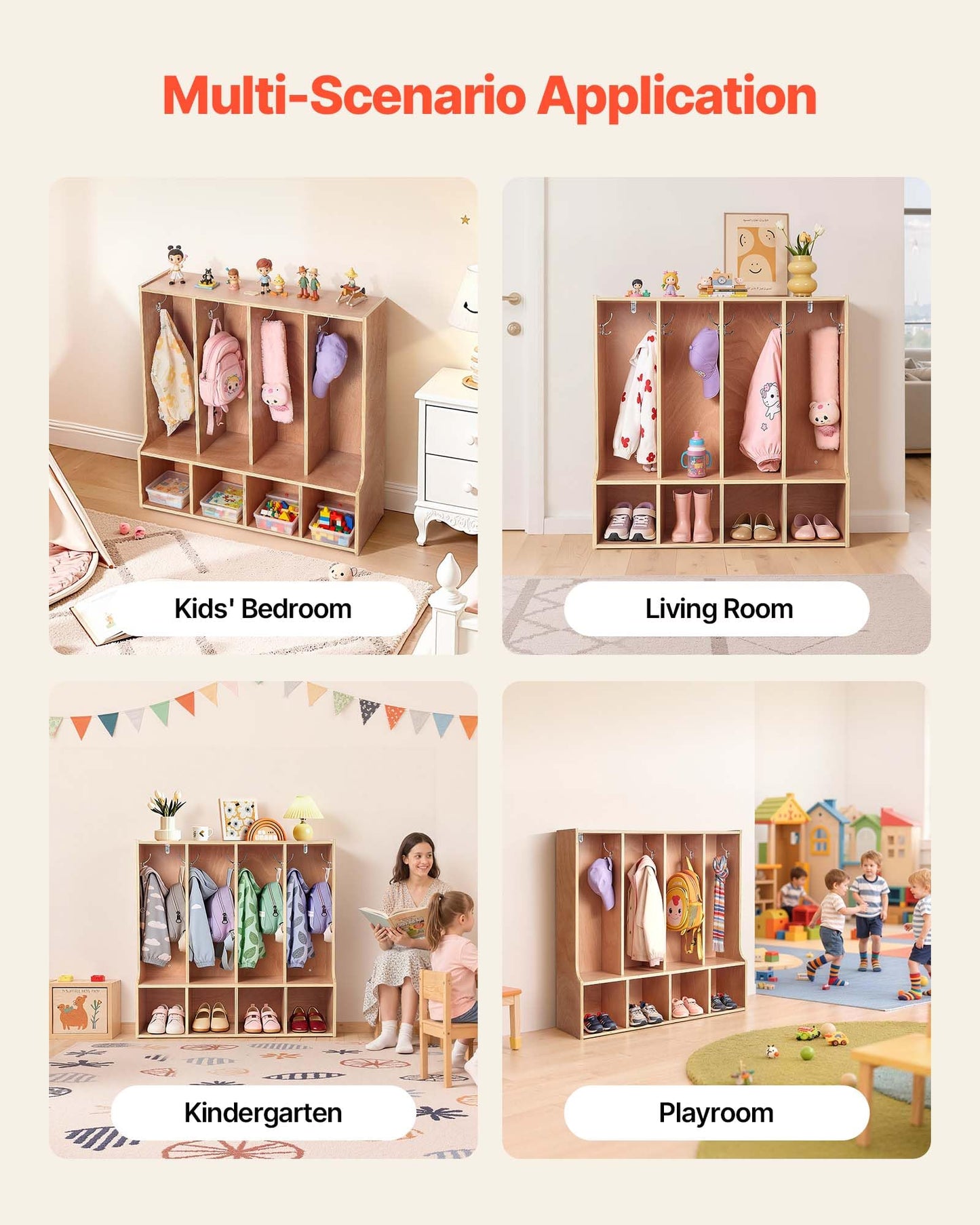 VEVOR 4-Section Coat Locker with Bench, Kids Lockers with 8 Hooks & Non-Slip Mat, Classroom Cubbies for Daycare, Home, Kindergarten- Natural