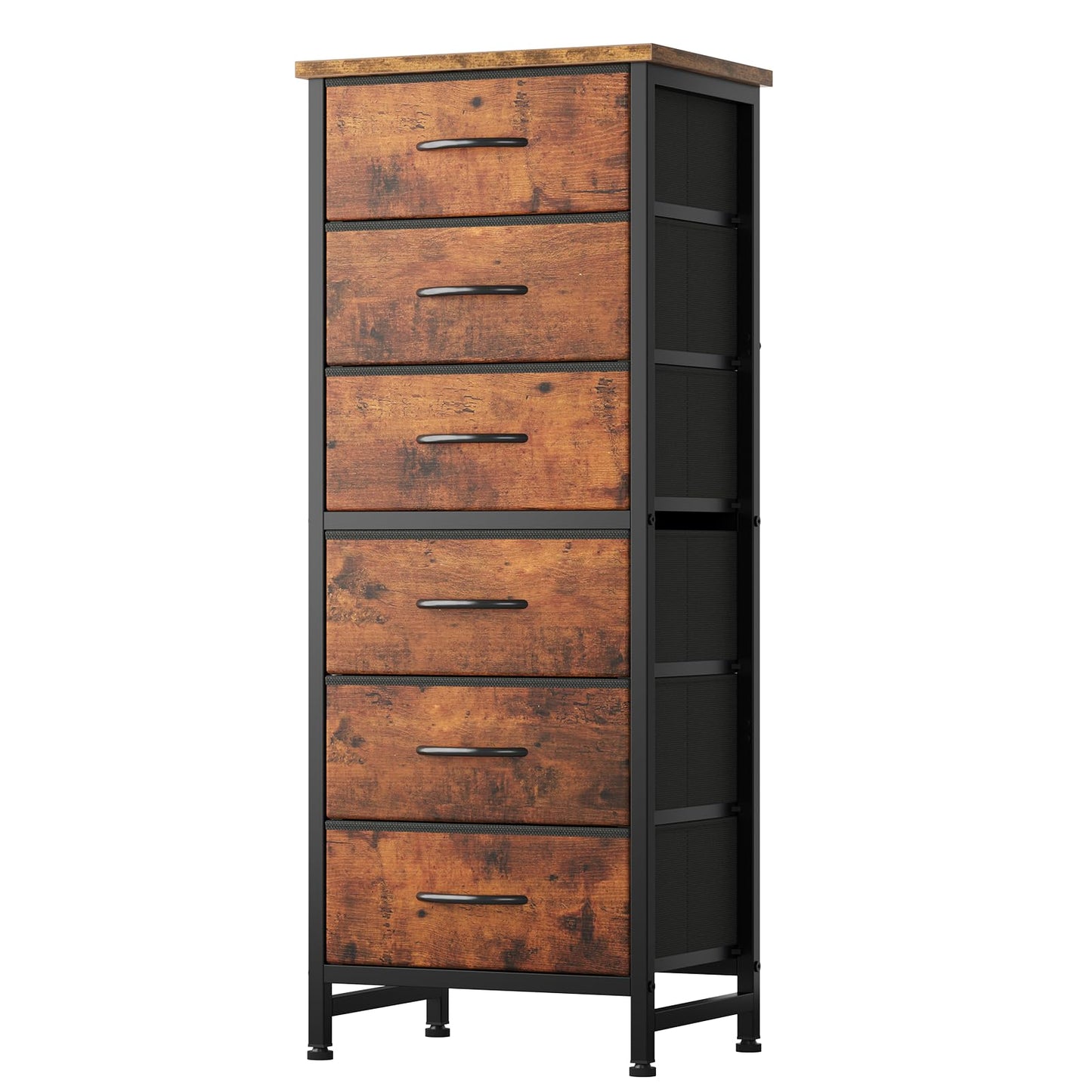 Sweetcrispy Tall Fabric Dresser for Bedroom, 6 Drawer Skinny Chest of Drawers, Narrow Storage Tower with Wood Top and Metal Frame, Vertical Nightstand for Closet, Bedroom Organization Furniture, Brown