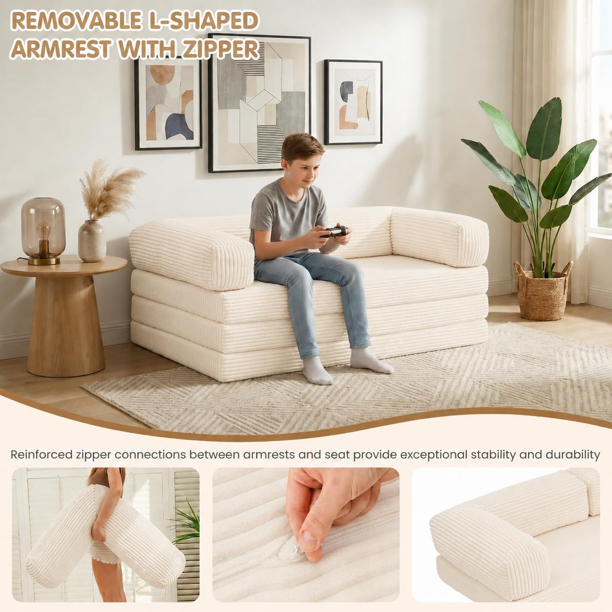 NLDD Convertible Sofa Bed King,5-in-1 Folding Boneless Couch Corduroy Futon Sofa Bed,Tri-Fold Mattress with Removable Armrests & Handle,Sleeper with Pull Out Bed for Small Space Living Room Bedroom