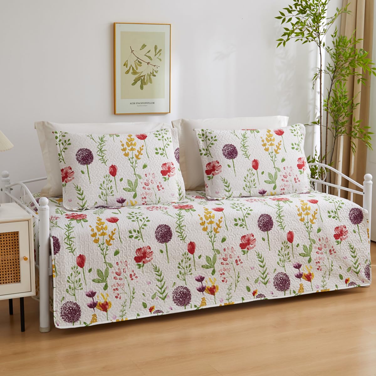 Jarson 3 Pcs Floral Daybed Cover Set Twin Size Purple White Dandelion Flower Sofa Cover Bedding Sets Double Side Bed Set for All Season Botanical Pattern Daybed Quilt Set with Pillow Shams