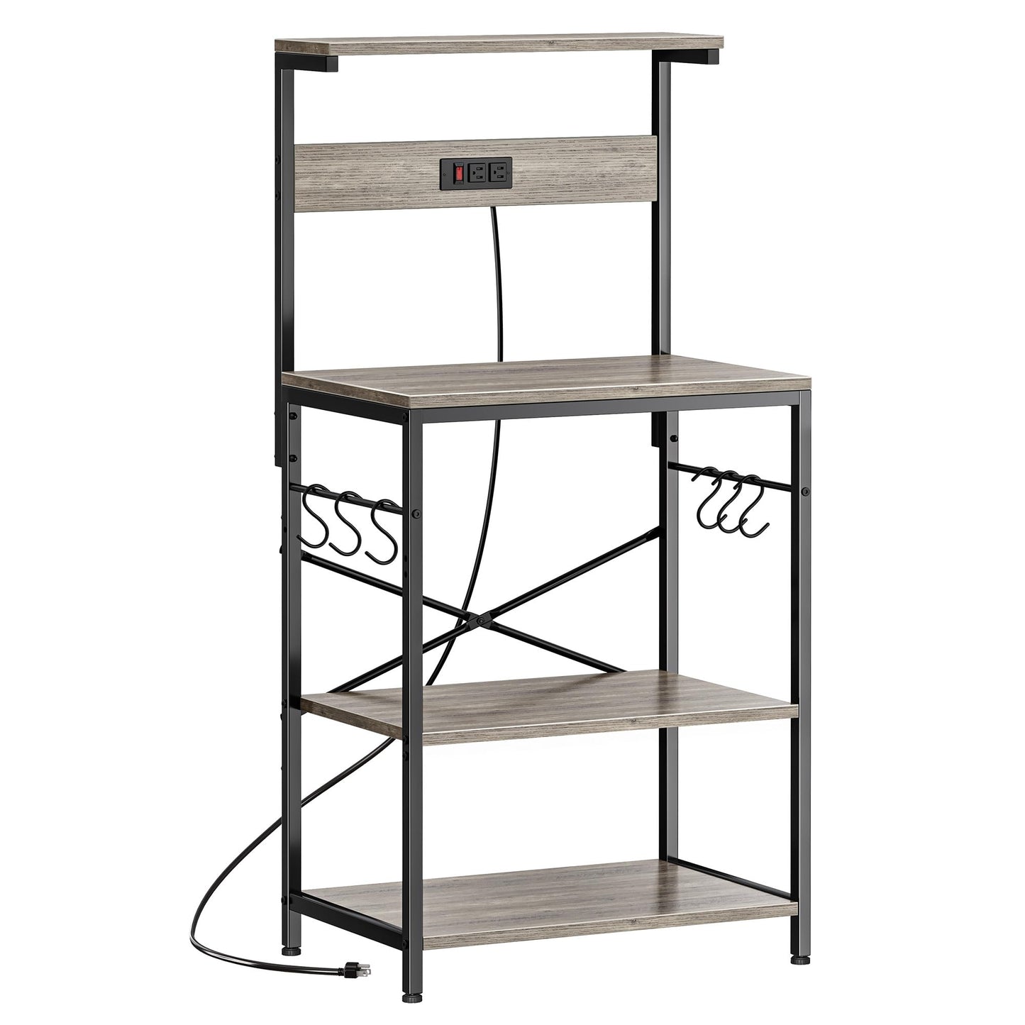 SUPERJARE Kitchen Bakers Rack with Power Outlet, Coffee Bar Table 4 Tiers, Kitchen Microwave Stand with 6 S-shaped Hooks, Kitchen Storage Shelf Rack for Spices, Pots and Pans - Greige