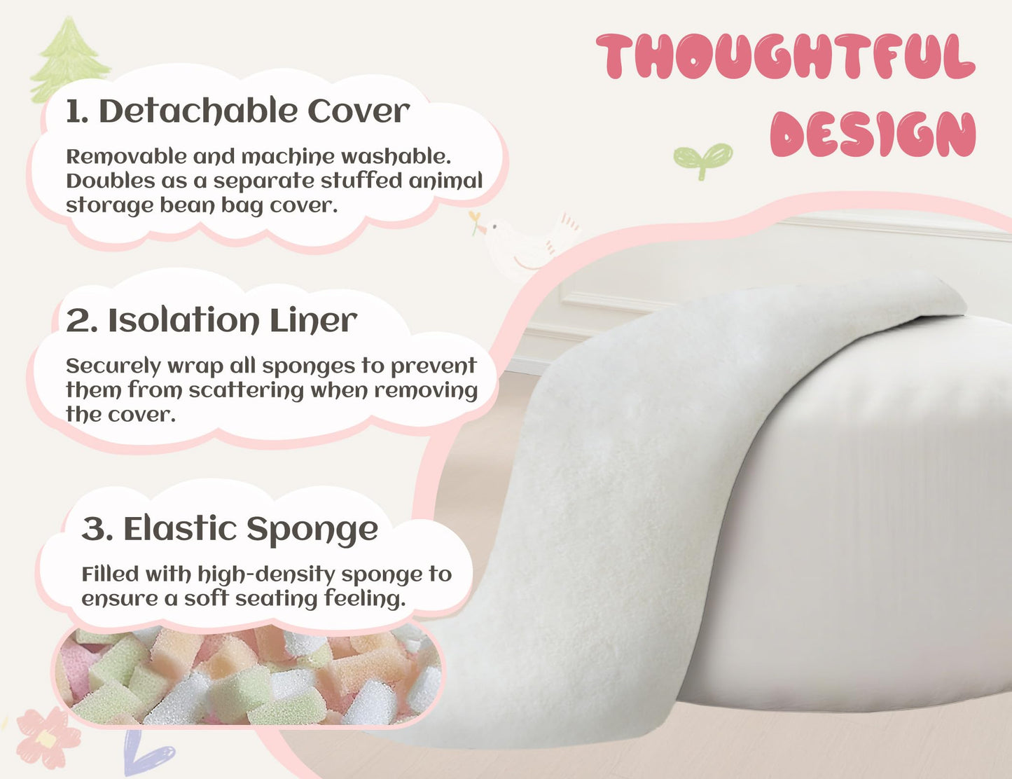WSOFRLAC 2.5FT Bean Bag Chair, Cute Comfy Bean Bag Chairs for Kids, Luxury Velvet Stuffing Bags Chairs with Memory Foam Filling, Soft Beanbag Chair Cover Washable, Living Room Bedroom, Cream White