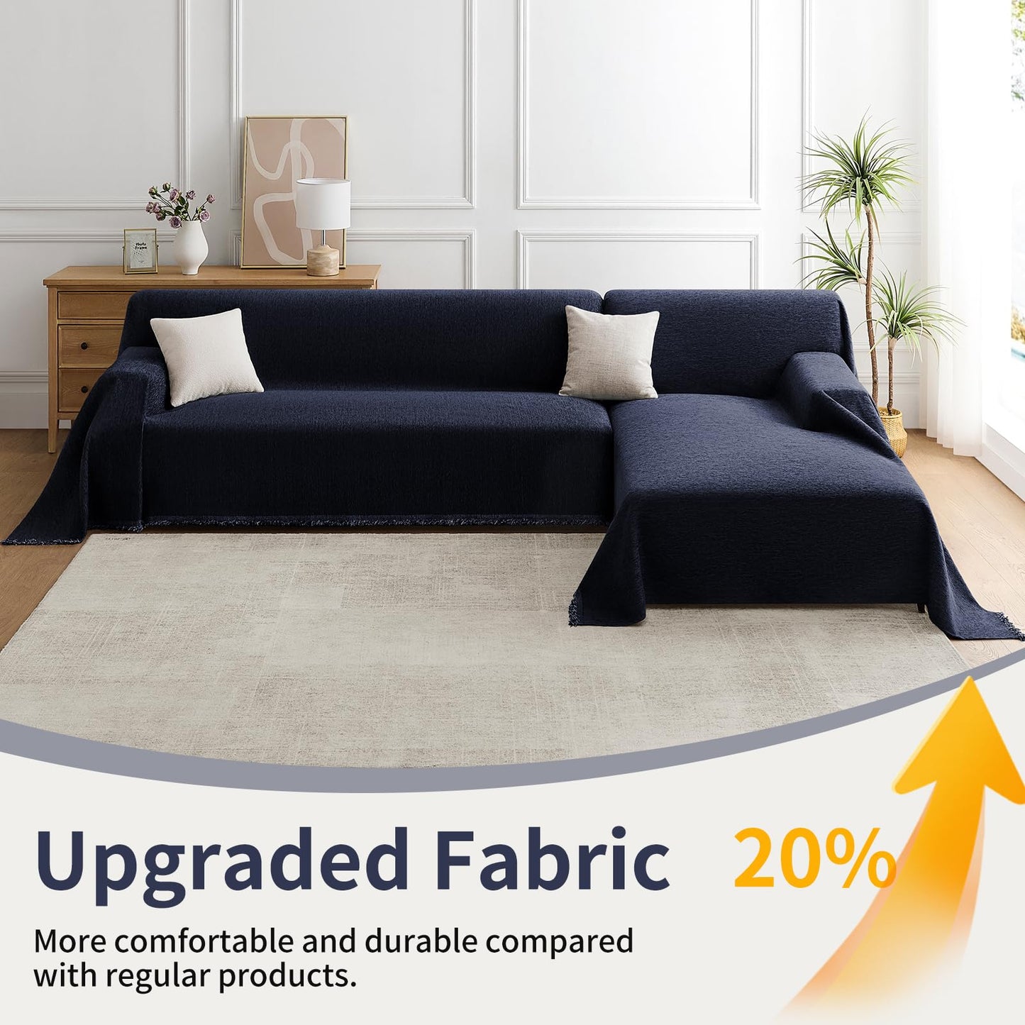 Maymiss Sectional Couch Covers 2-Piece Set for L-Shaped Sofas, Pet Friendly Washable Furniture Protector, Chenille Couch Blanket Fits 2-3 Cushion Couches (71"x118"+71"x118", Navy Blue)