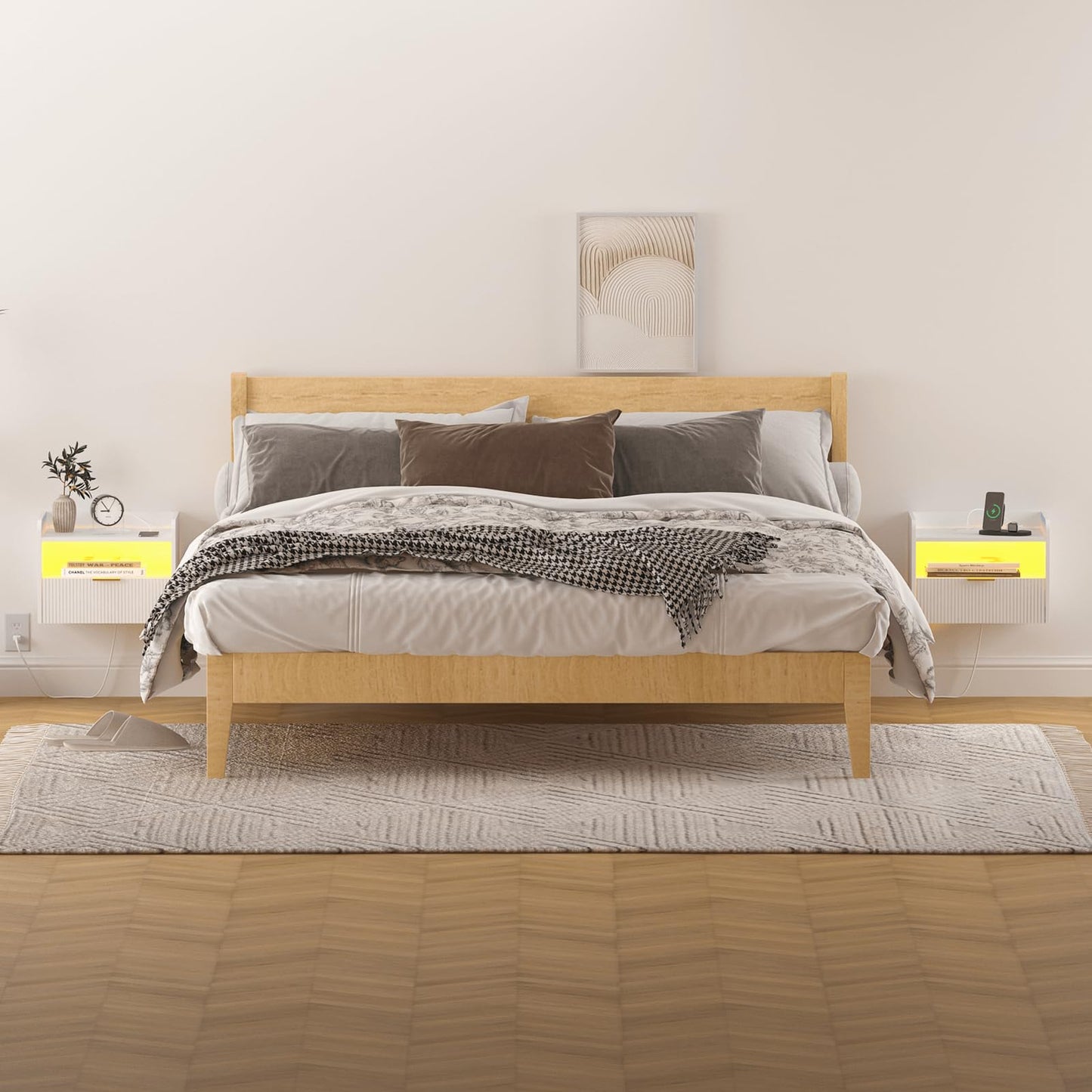 Veegle White Floating Nightstand with Charging Station and LED Lights (White)
