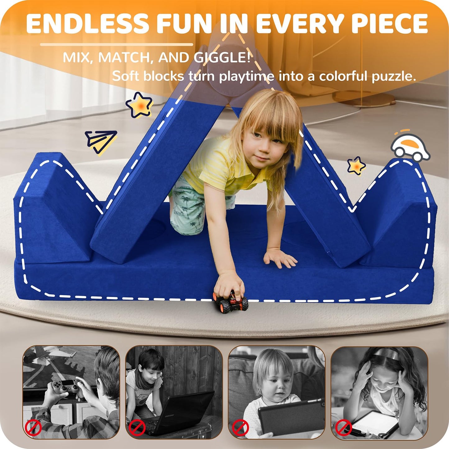 Winhomish 12 Pcs Modular Kids Play Couch – Premium Soft Foam, Removable Cover, Comfortable & Safe Toddler Couch for Children 1-6 Years, Portable & Easy to Clean, Ideal for Living Room & Playroom, Blue