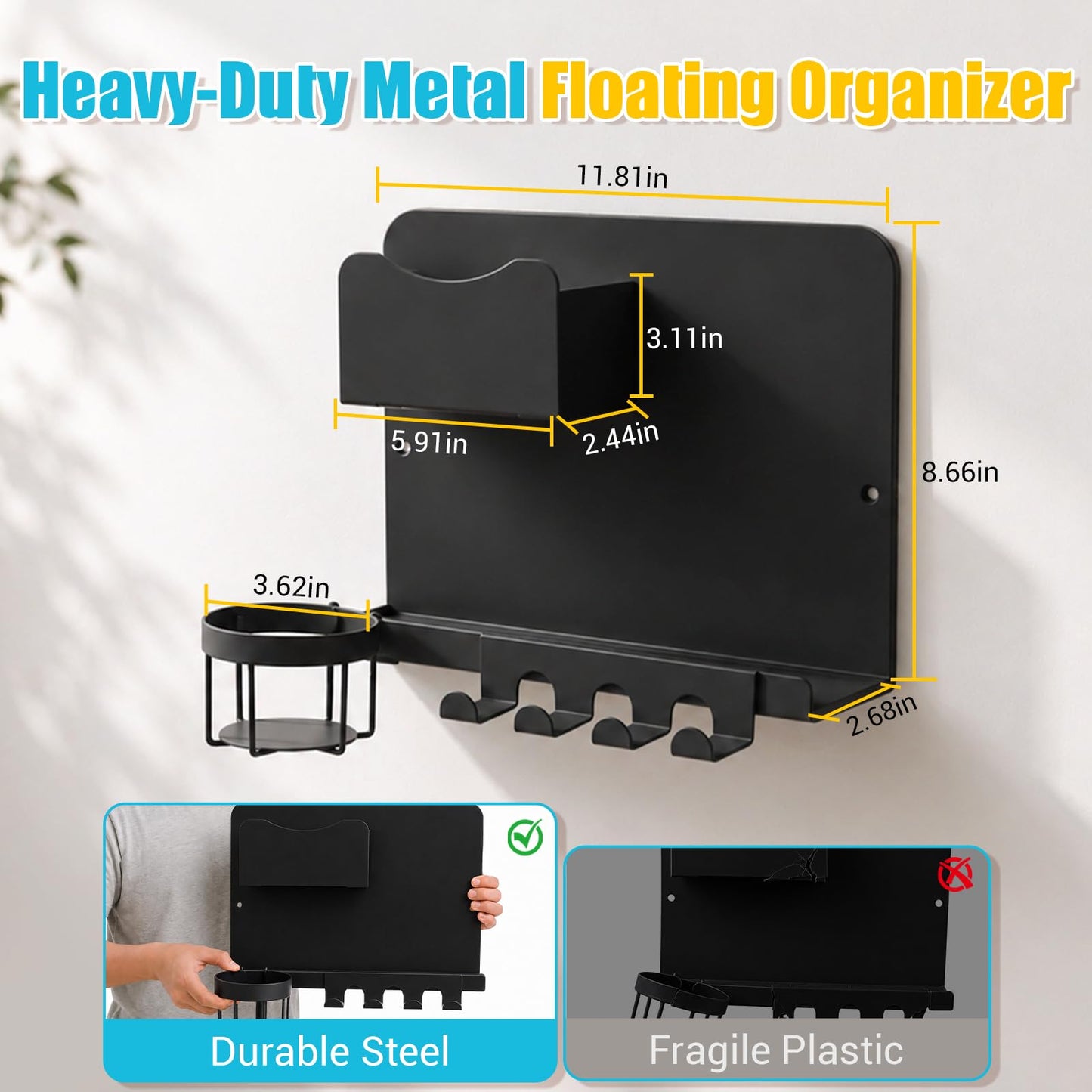 Metal Bedside Wall Shelf, No Drill Floating Bedside Shelf Wall Organizer