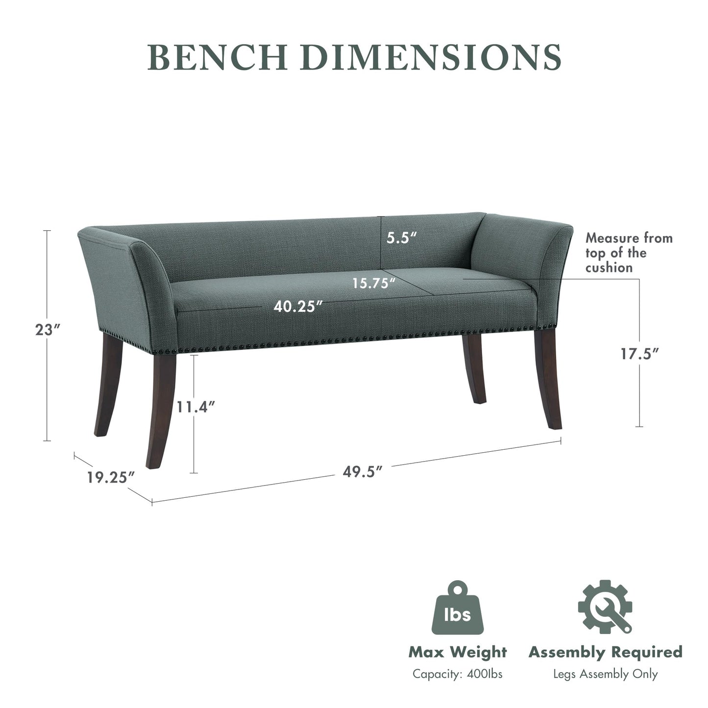 Madison Park Accent Bench, Upholstered with Nailhead Trim, & Padded Seat Entryway Bench Small, End of Bed Bench with Back, 49.5" W x 19.25" D x 23" H, Slate Blue