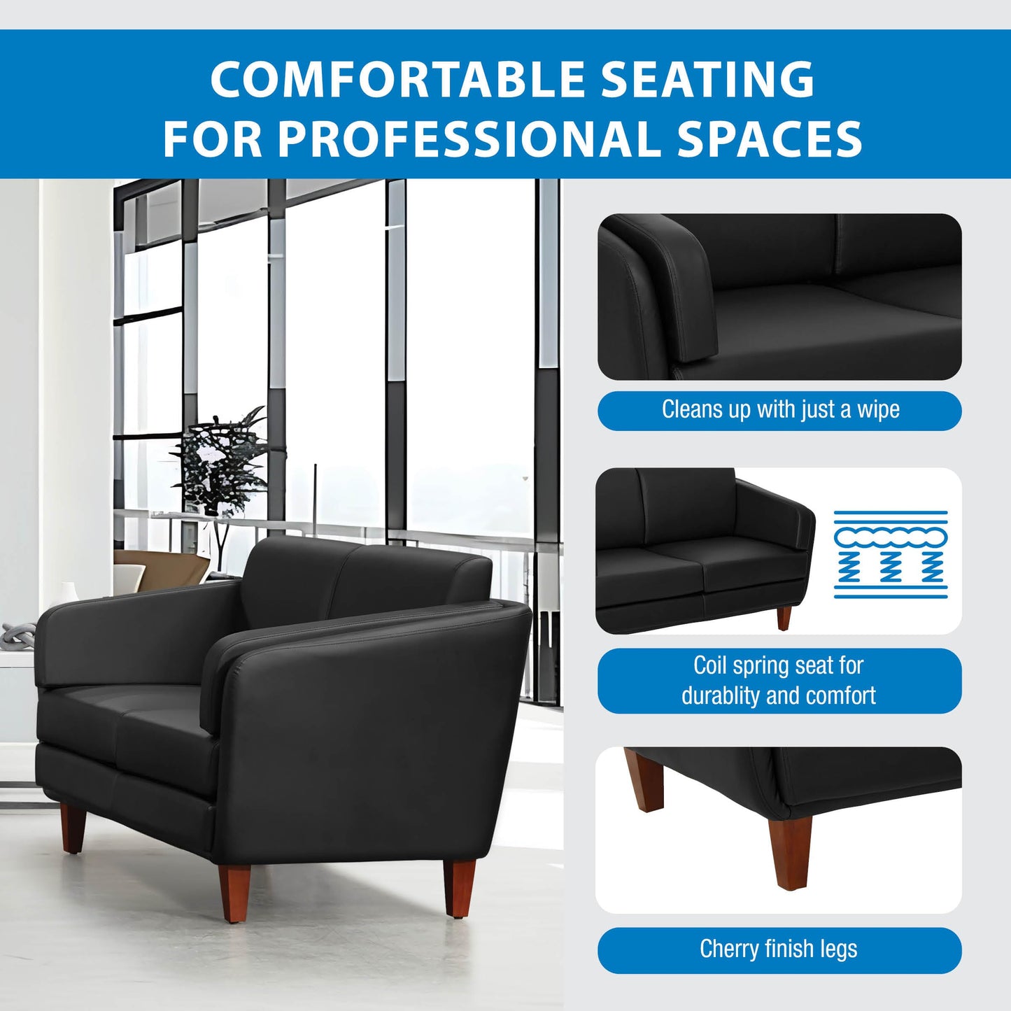 Office Star Products Lounge Seating with Cherry Finish Wood Legs, Coil Spring Seat, Black Faux Leather, Loveseat