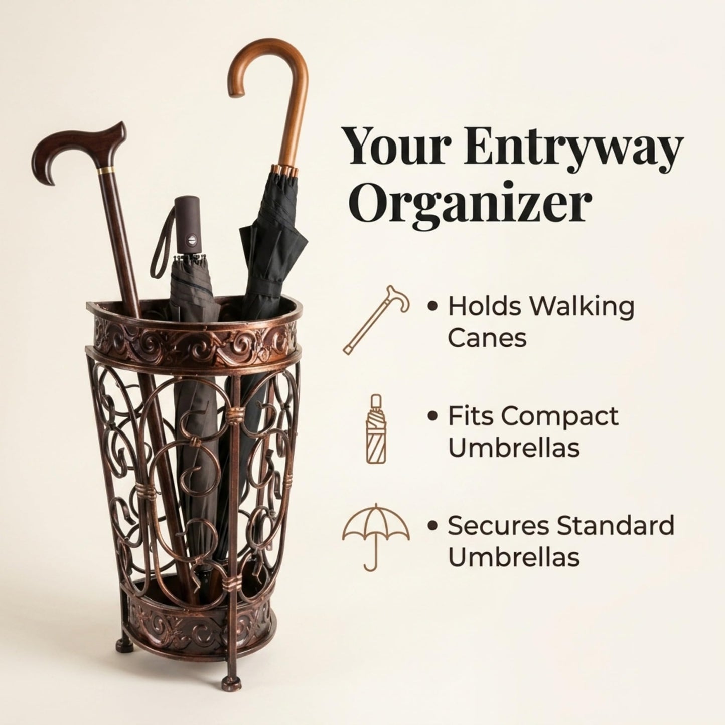 Brelso Super Quality Umbrella Stand, Umbrella Holder, Antique Look Metal, Entry Hallway Décor, Wallside Style, with Removable Drip Tray (Gold Brown)