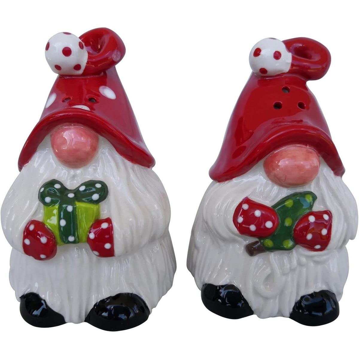 Blue Sky Clayworks Gnome Salt & Pepper Shaker Set, Ceramic, 2" Height, Polka-Dot Caps & Toadstool Cheer