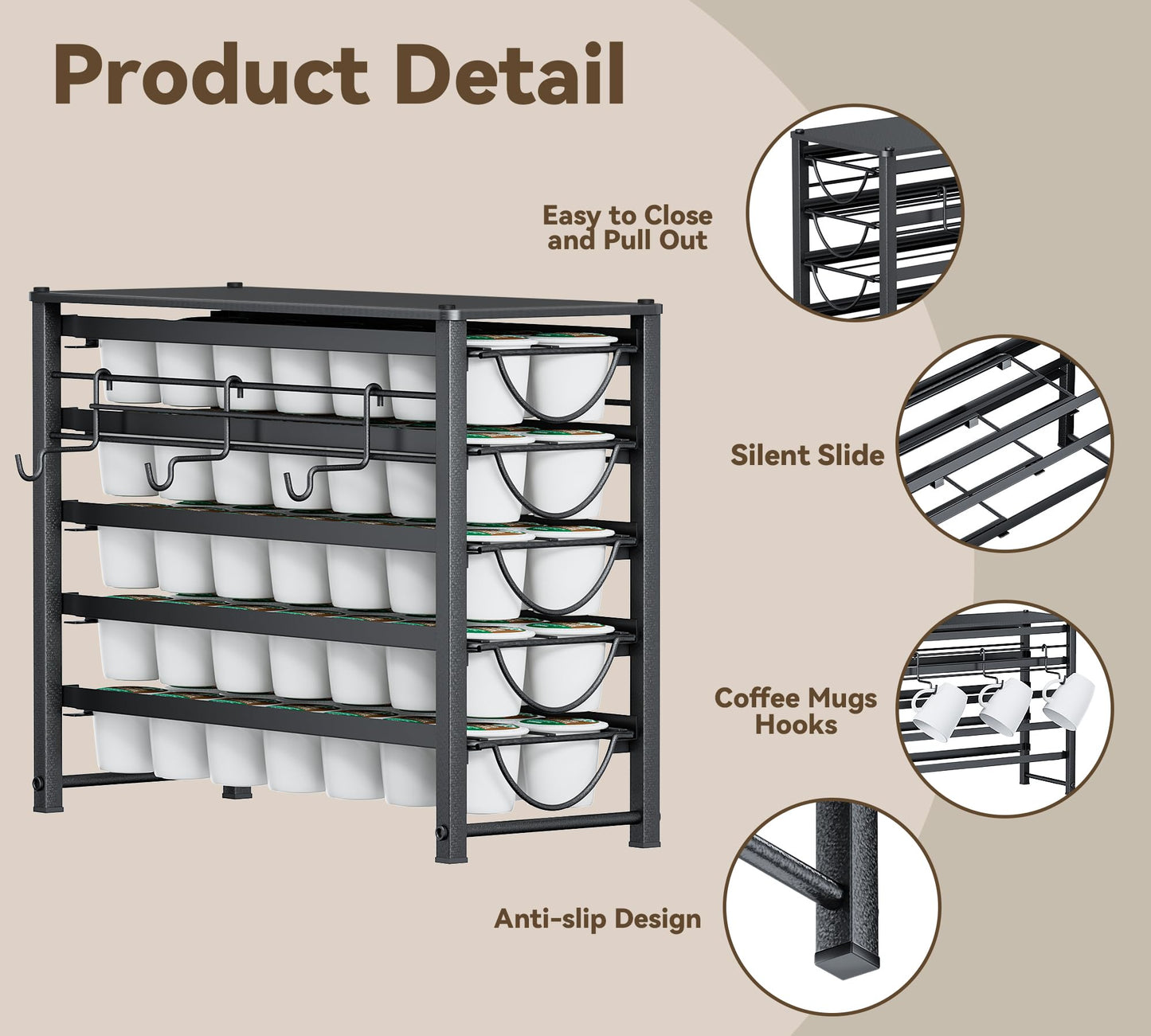 HFHOME Coffee Pod Holder For Counter, Pod Holder for K-cups, 5-tier Metal Coffee Capsule Storage Drawer, 70 Capacity Pods Organizer for Cafe Counter, Home, Office or Kitchen,3 cup rack, Black