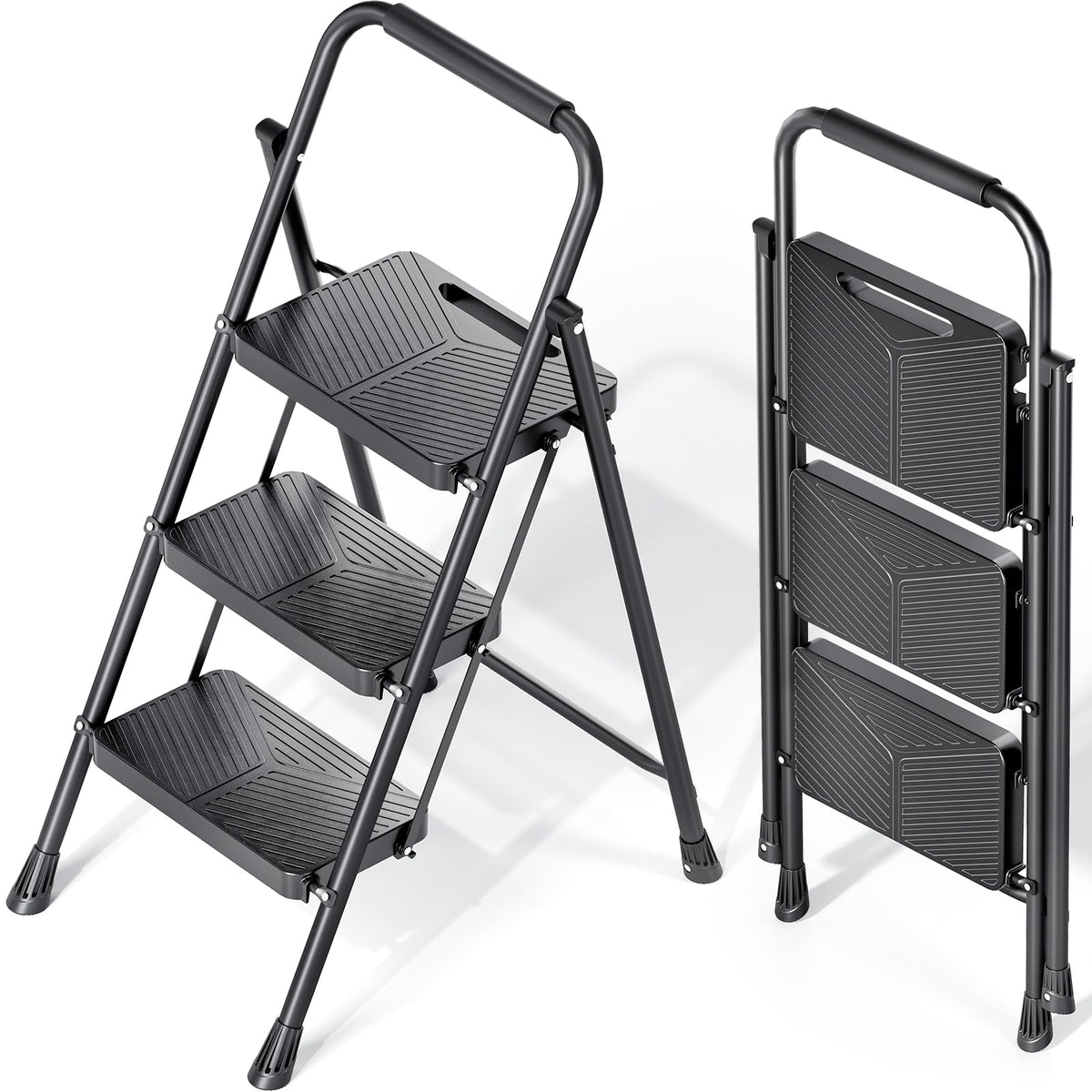 KINGRACK 3 Step Ladder, Folding Step Stool with Safe-Lock Design, 500 lbs Sturdy Steel Ladder with Wide Anti-Slip Pedal, Convenient Handrail for Household and Kitchen, Black