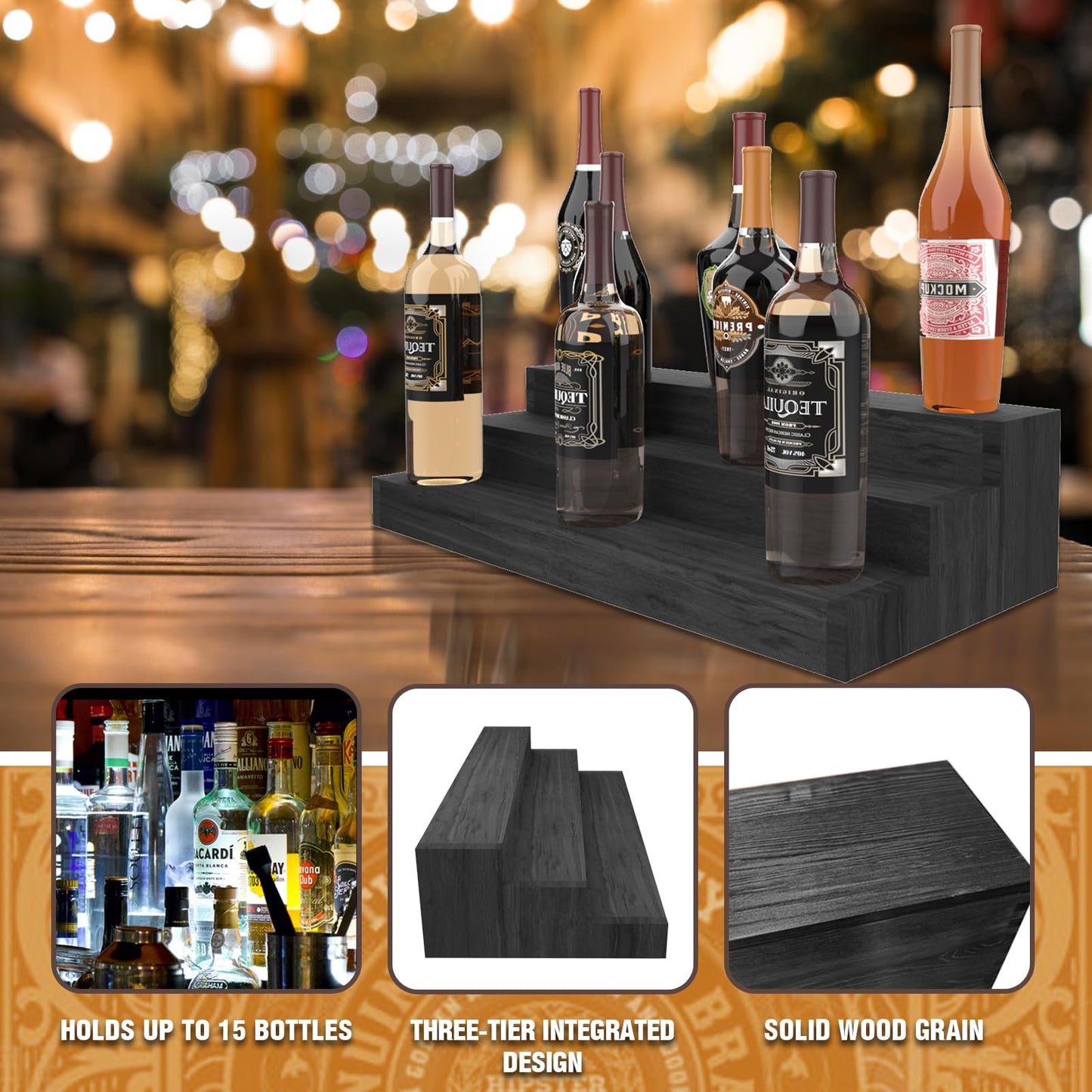 TONGMO Liquor Bottle Stand - 24 Inch 3 Tier Liquor Bar Bottle Display Shelf, Holds 18 Bottles, Real Wood, No Installation Required (Black)