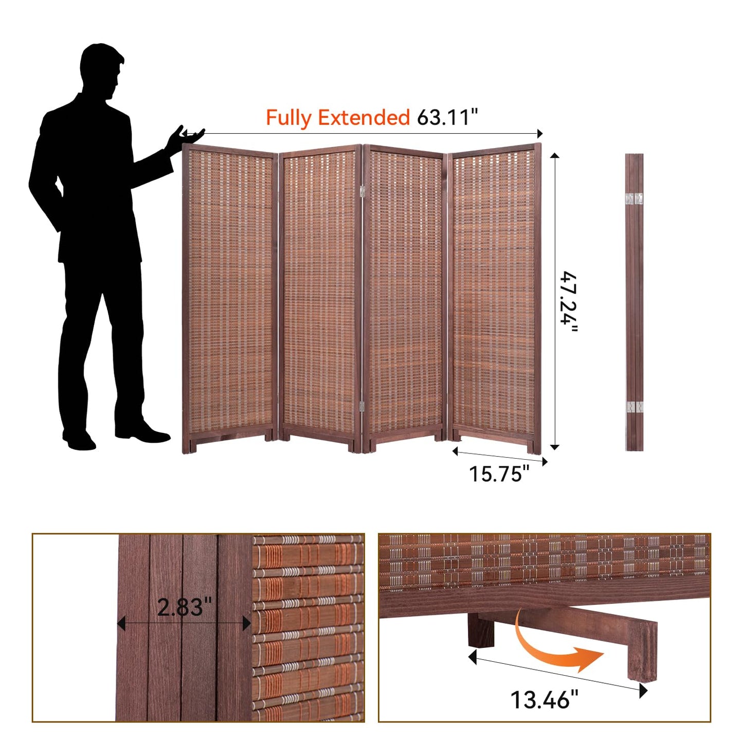 Short Bamboo Room Divider Panel with 360°Rotating Feet,4 Panel 47" H Folding Privacy Screen for Room Separator, Handcrafted Room Partition,Portable Wall Divider,Brown, 47.24" H x 63" W
