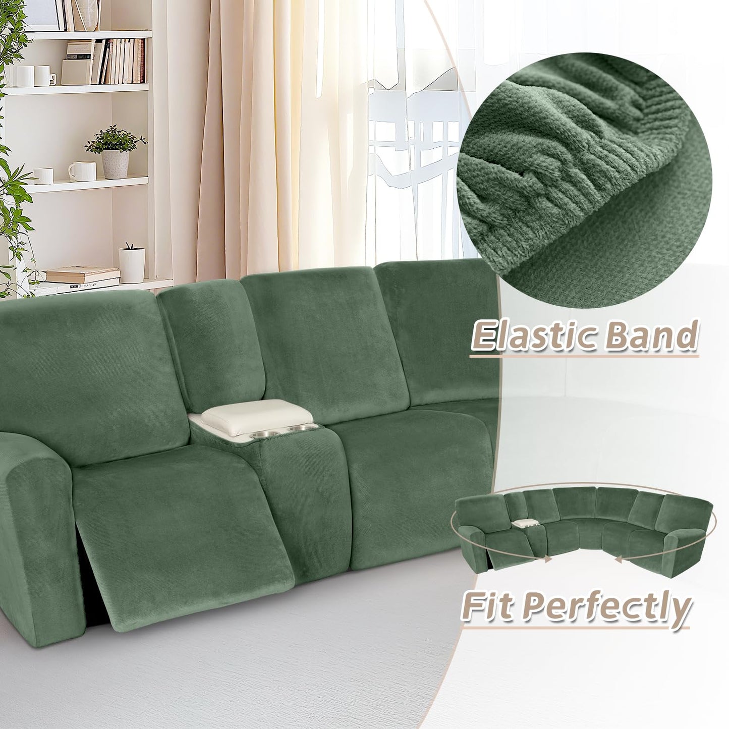 Arfntevss Sectional Recliner Couch Covers Velvet Washable Corner Sectional Sofa Cover for Reclining Stretch Soft Thick L Shape Recliner Slipcover Set (5 Seat with 1 Console Cover, Grayish Green)