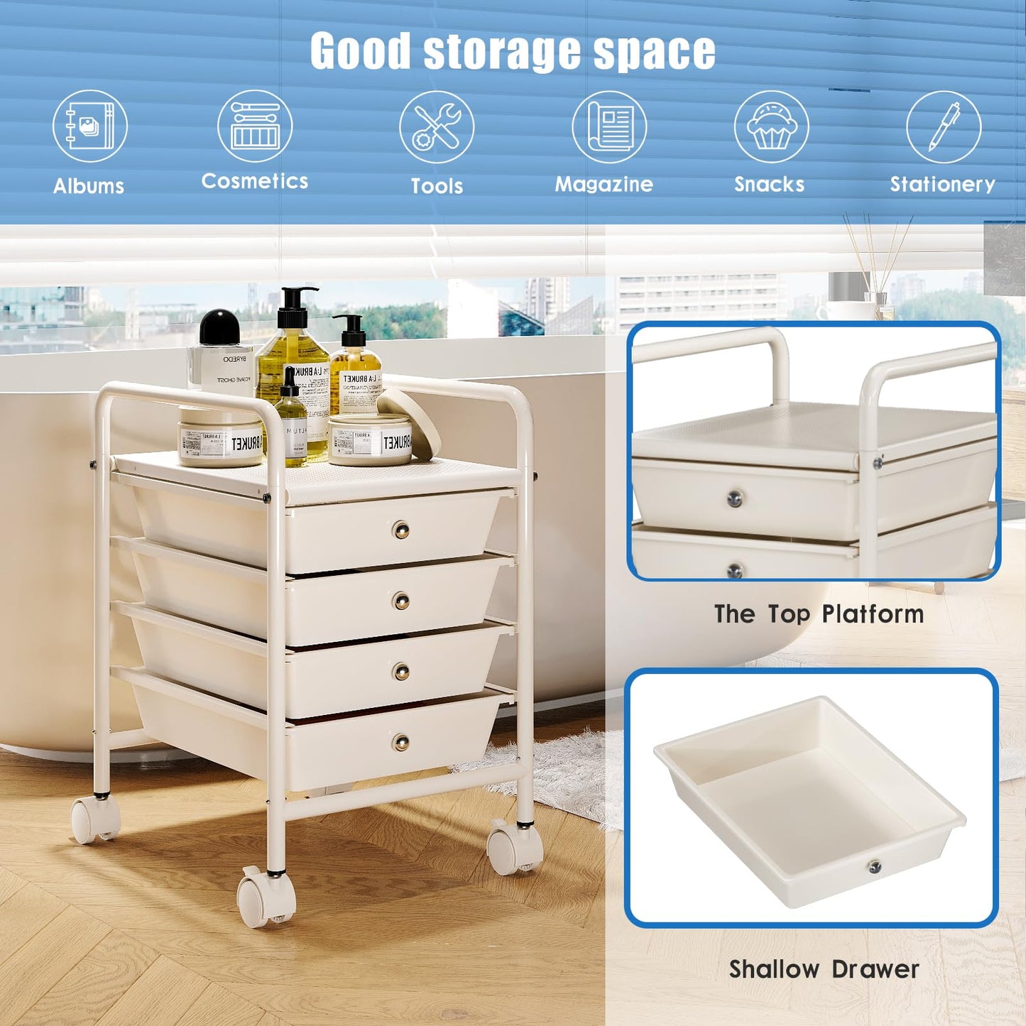 Shrivee 4-Tier Utility Cart with 4 Drawers, Rolling Utility Cart with 2 Lockable Caster Wheels, Multipurpose Mobile Rolling Drawer Cart for Office Bathroom Kitchen, Ivory White