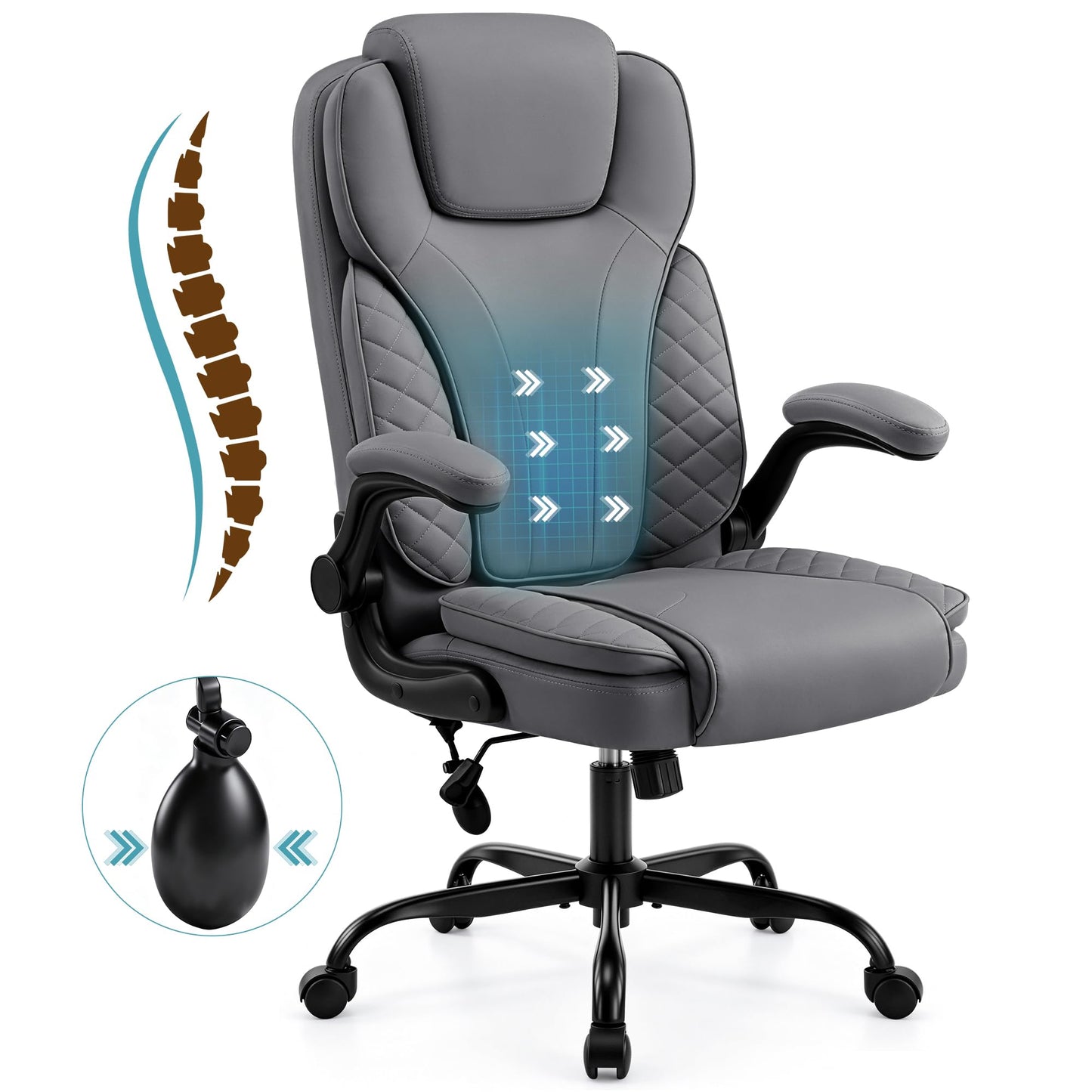Hayelf Ergonomic Office Chair, PU Leather High Back Executive Chair with Adjustable Inflatable Lumbar Support and Padded Flip-Up Arms, Recline Swivel Task Computer Chair for Home Office, Gray