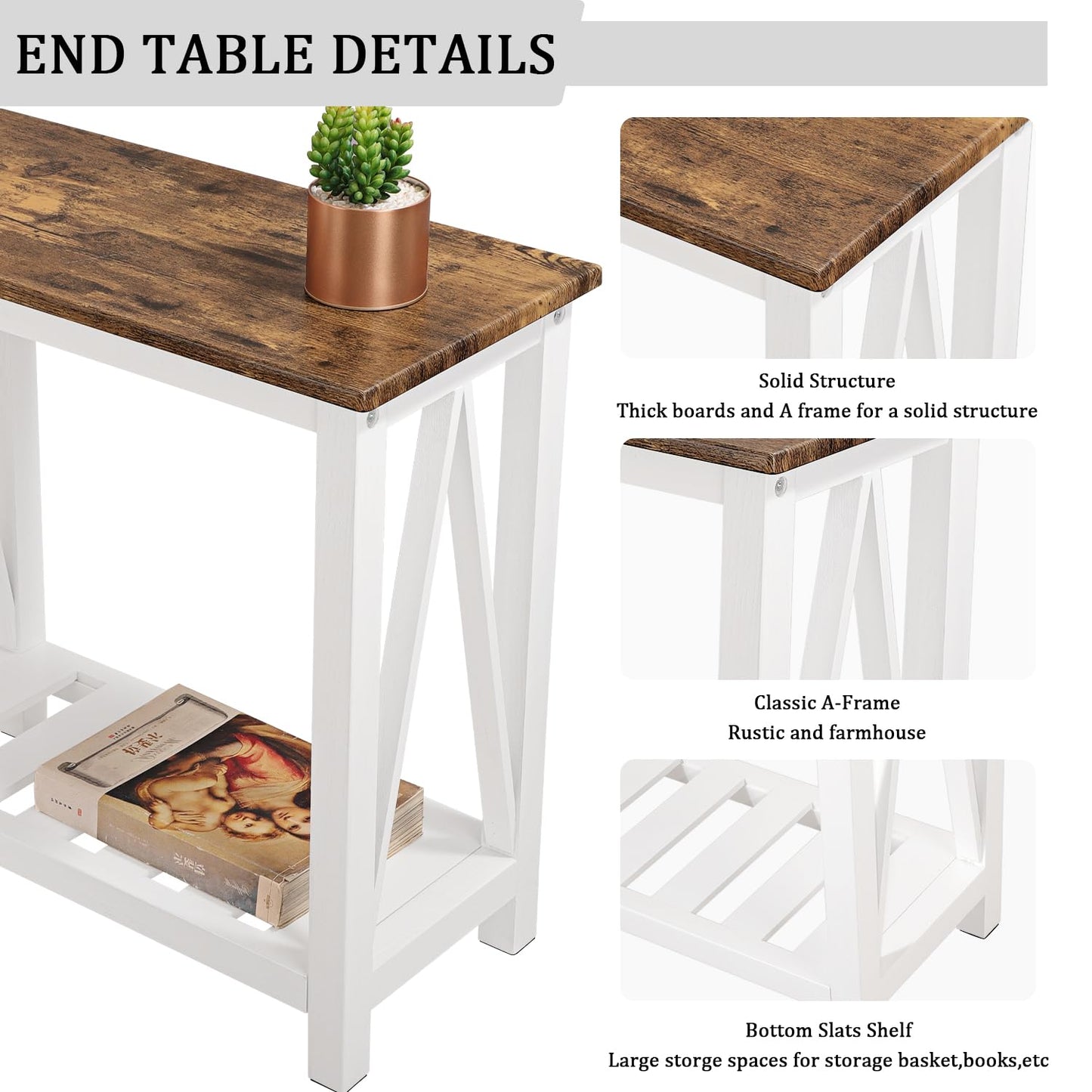 FEUFOAM Narrow End Table Rectangular Side Tables for Small Spaces Wood Framed Night Stands Sofa Bedside Table for Living Room Brown Smooth Tabletop Industrial Accent Furniture for Bathroom Bedroom