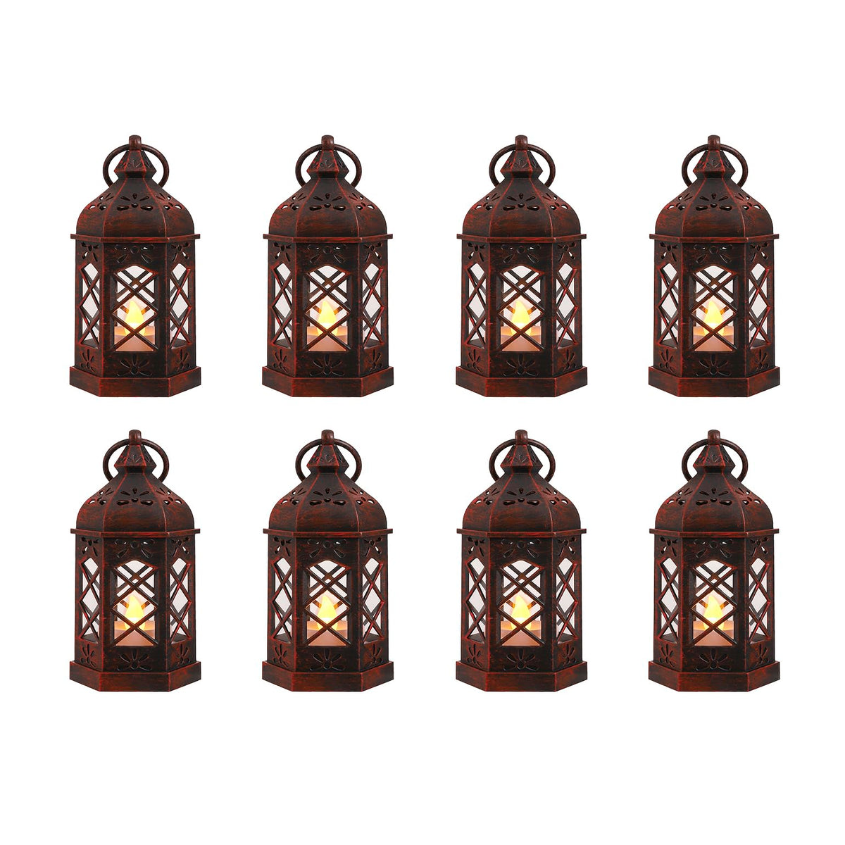 Reperla 8-Pack Mini Lanterns for Ramadan, Wedding, Festivals, Small Decorative Lanterns with LED Candle for Baby Shower Party, Moroccan Lantern for Table Centerpiece, Medieval Decor, Red Brushed