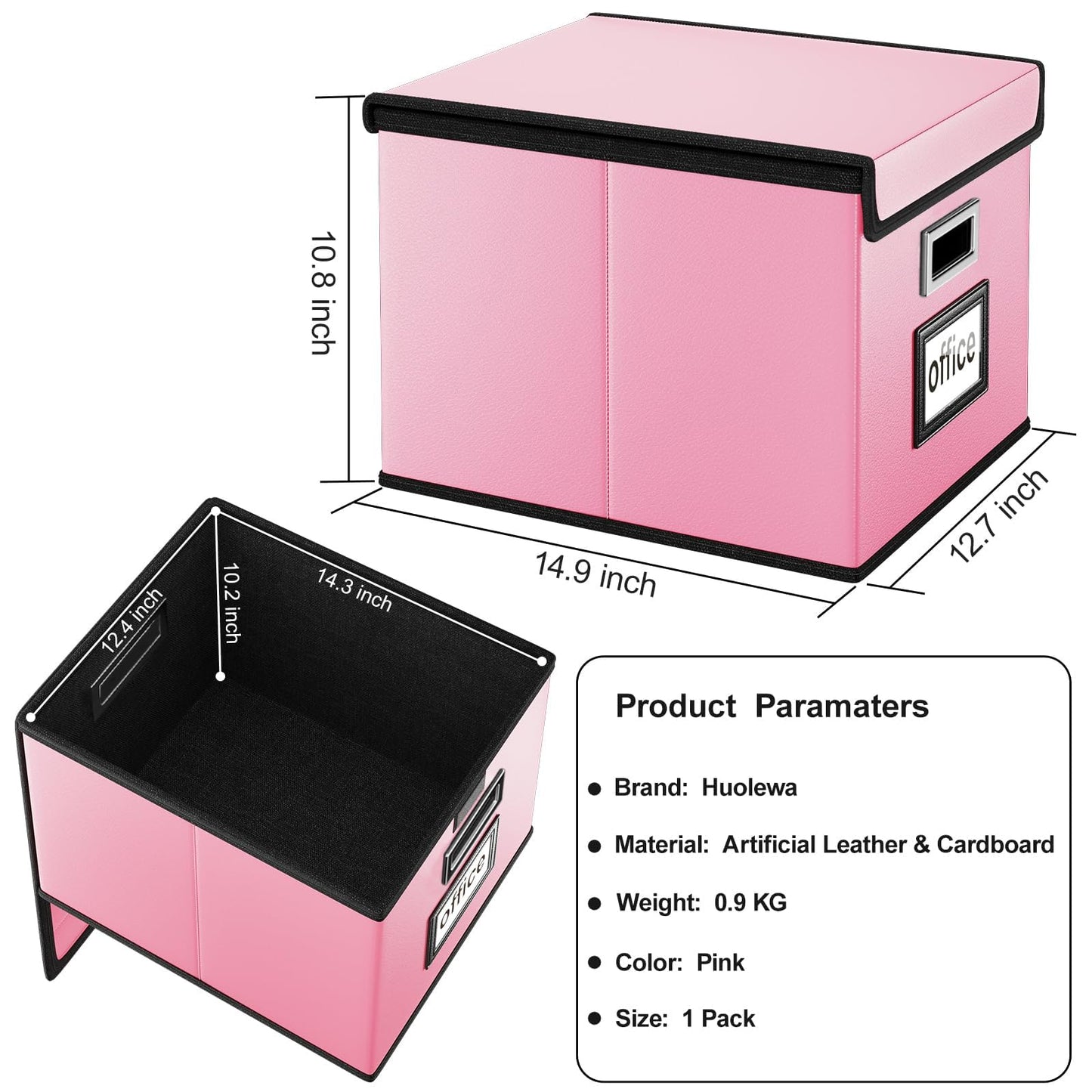 Huolewa File Organizer Box with Lid, Collapsible Leather File Folder Organizer for Office Document Storage, Filing Box with Plastic Slide for Letter/Legal Size Hanging Files, Pink