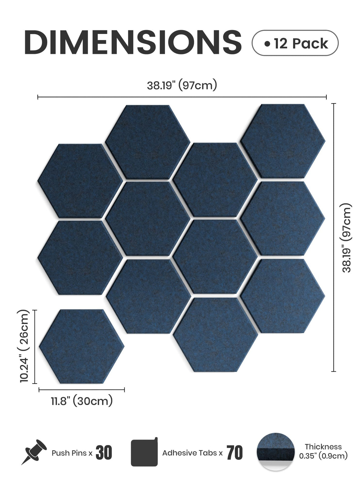 Fluxynara Hexagon Cork Board Alternative for Walls Decor-12-Pack Felt Bulletin Board Tiles,with 30 Pushpins,70 Adhesive Tabs for Office,Classrooms & Home Pin Board Felt Board-Carbon Blue