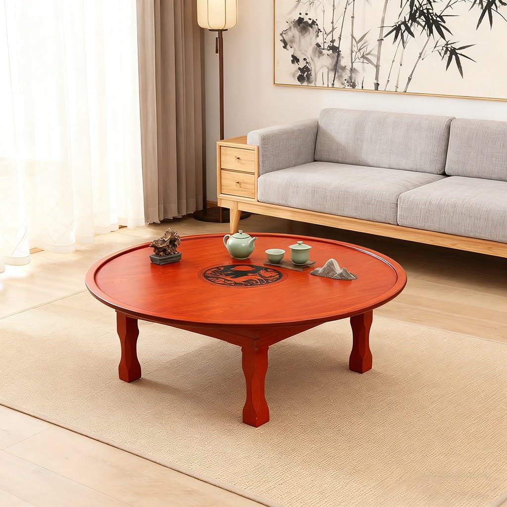 Folding Coffee Table, Rustic Wood Floor Round Table with Chinese Lucky Deer Pattern, Portable Low Dining Tables for Tatami, Living Room, Bedroom, Picnic, Red Brown (Size : 80CM/31.5IN)
