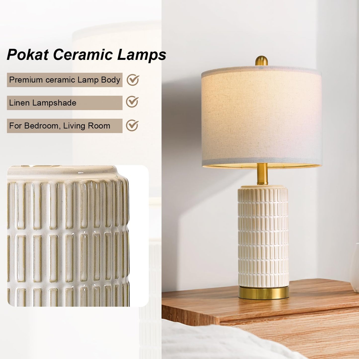 PoKat Small Bedside Table Lamps with USB Ports for Bedroom, 21.5'' White Nightstand Lamps for Night Stands, Modern Ceramic Bedroom Lamps for Living Room End Table, White and Beige