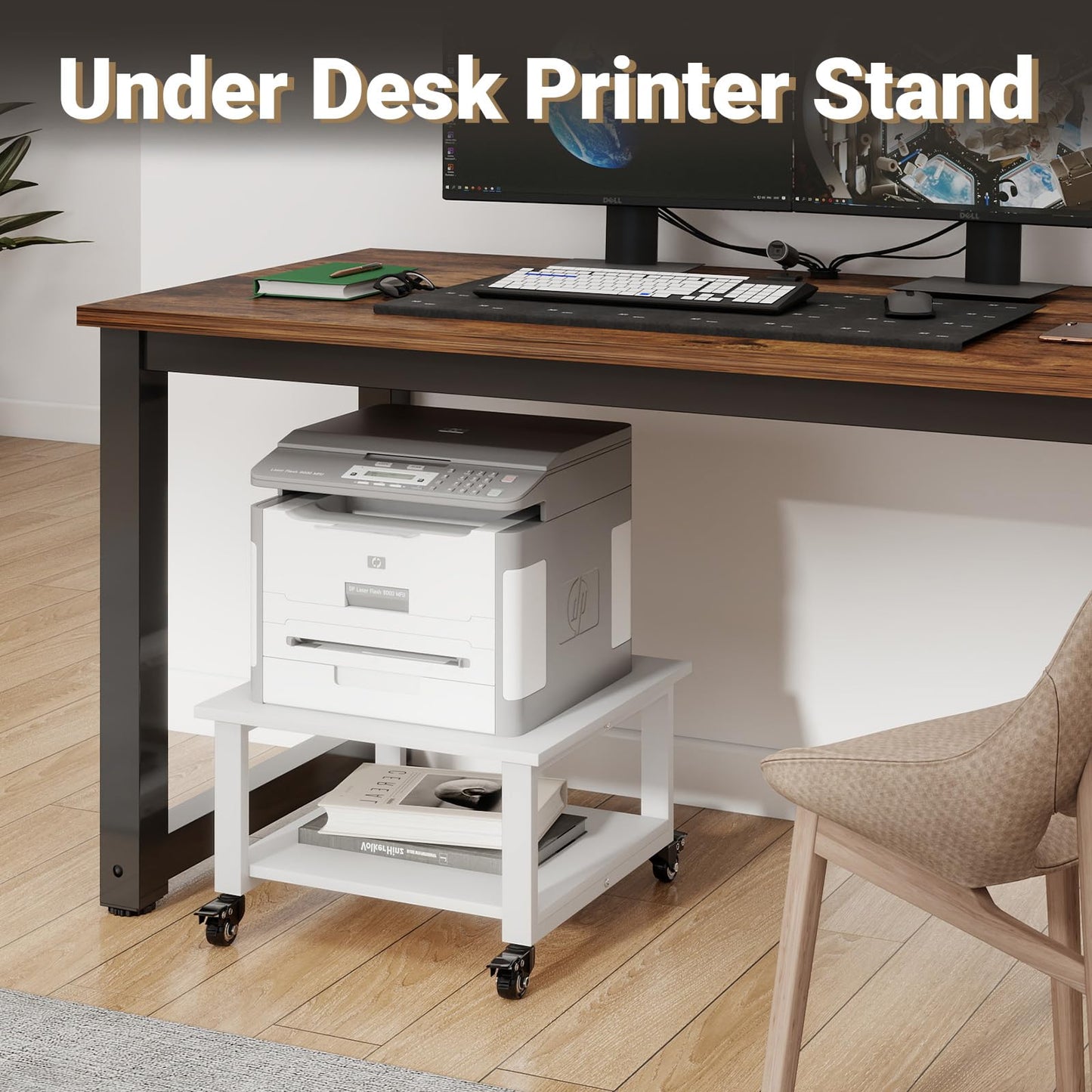 Natwind 2 Tier Laser Printer Stand,19.7''x19.7''x12.6'' Large Printer Table Copier Stand Under Desk,Heavy Duty Rolling Cart with Paper Storage Shelf,Printer Holder on Wheels for Home Office (White)