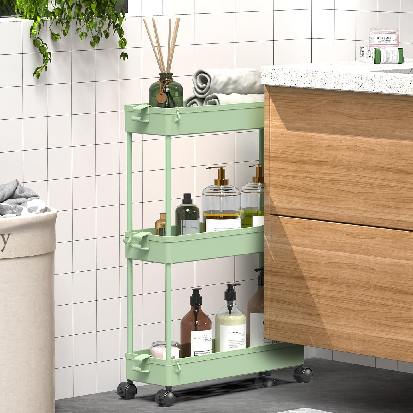 SPACEKEEPER Slim Rolling Storage Cart, 3 Tier Bathroom Organizer Utility Cart Laundry Room Organization Mobile Shelving Unit for Kitchen, Bathroom, Office, Bedroom, Narrow Places, Green