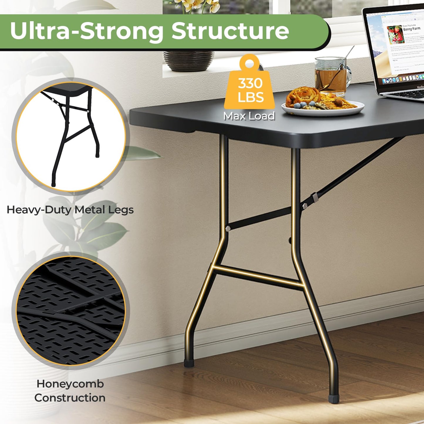 Goplus 6ft Folding Table, Indoor Outdoor Foldable Plastic Folding Tables, Heavy-Duty Rectangular Fold Up Table w/Handle, Portable Utility Card Table for Picnic, Party, Dining, Camping, Beach, Black