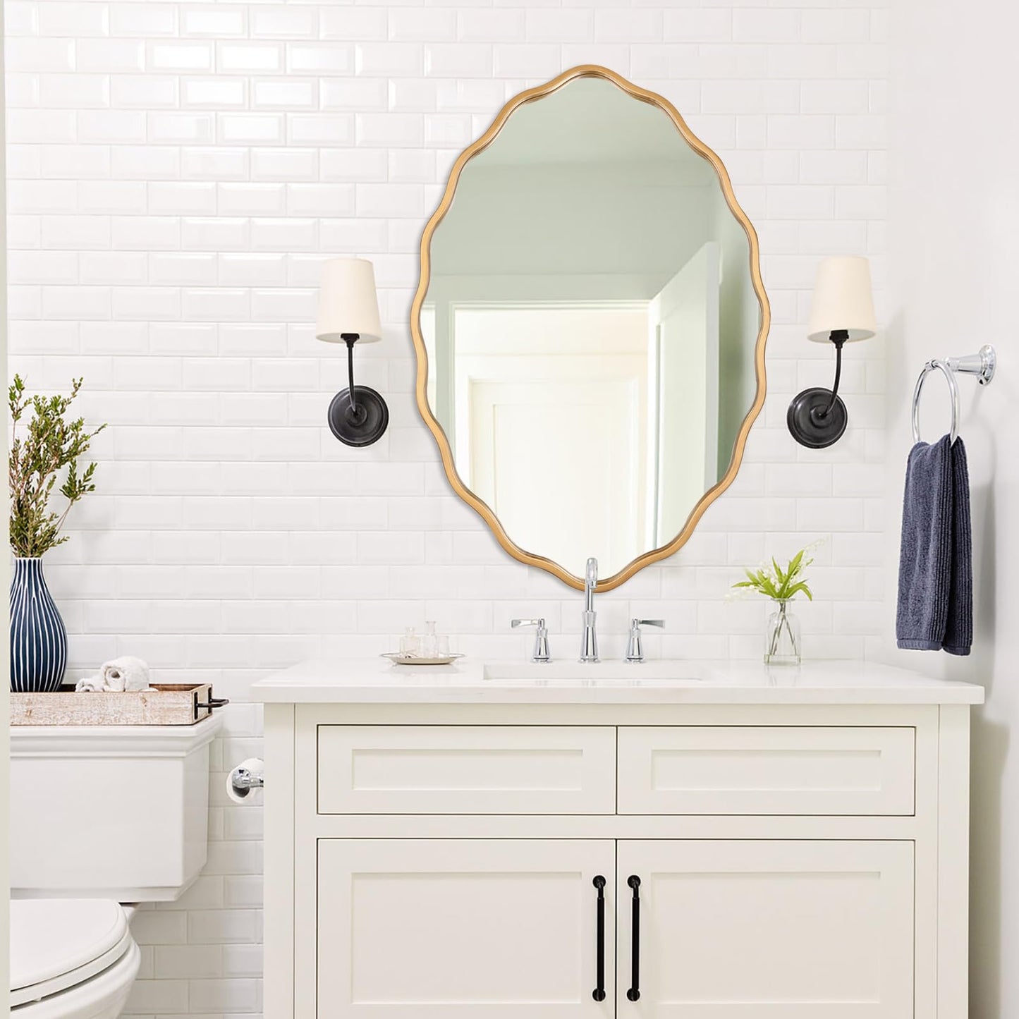 Varsoul 20 * 30 Inch Brushed Gold Oval Ripple Bathroom Mirror Wall Mounted Large Modern Countryside Suitable for Washroom, Bedroom, Living Room, Entryway