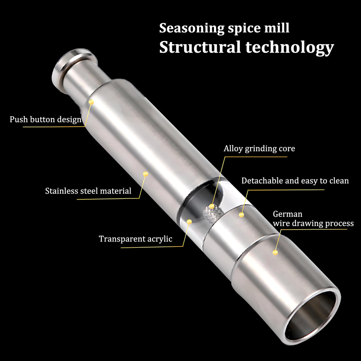 One handed seasoning spice mill gadgets, push button salt and pepper grinder, Solid Stainless, 1 Pcs or Buy more, silver