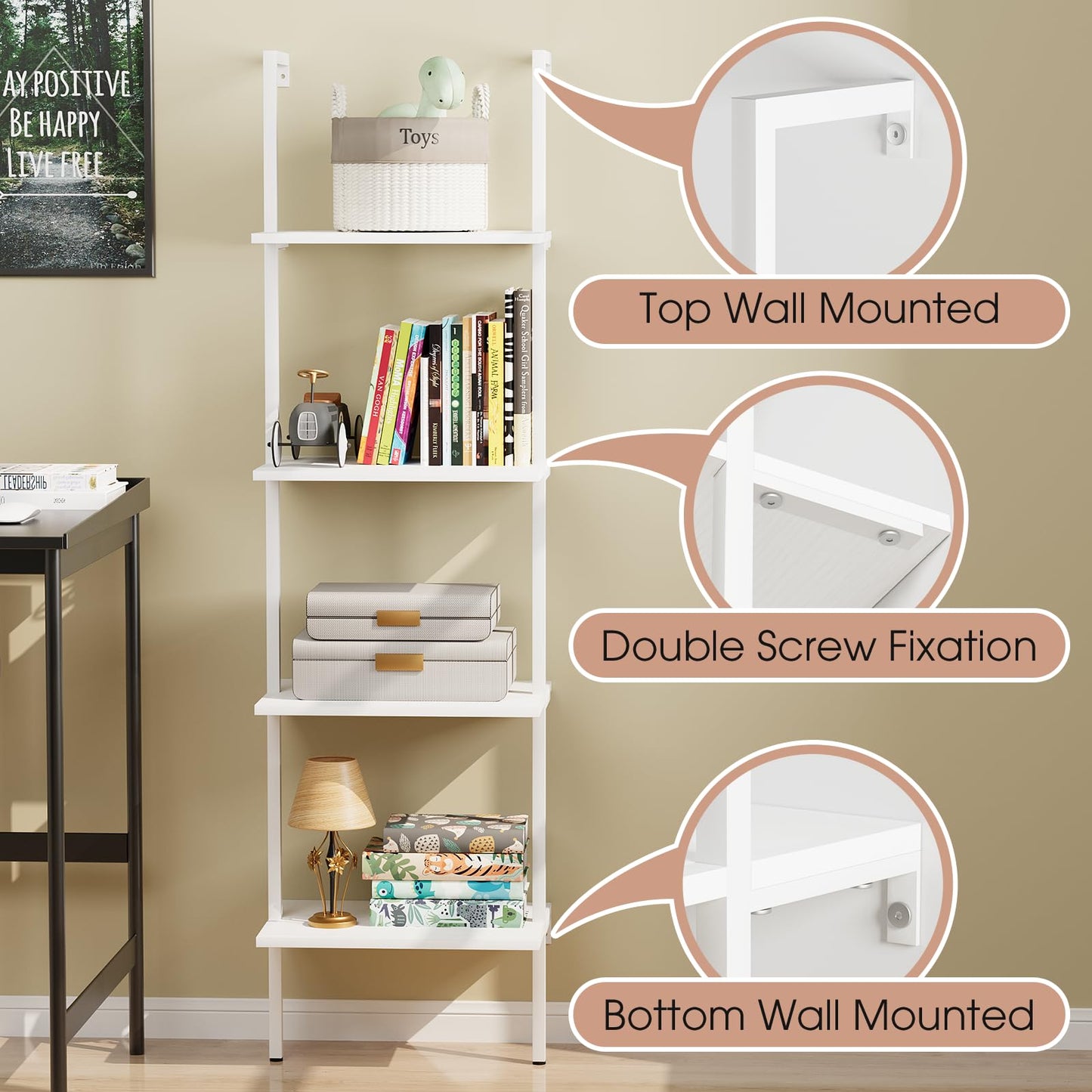 Wolawu Ladder Shelf 4 Tiers Metal Industrial Bookshelf,White Wooden Tall Open Storage Rack and Display Shelves,Wall Mount Wide Bookcase for Home Office Bedroom,Small