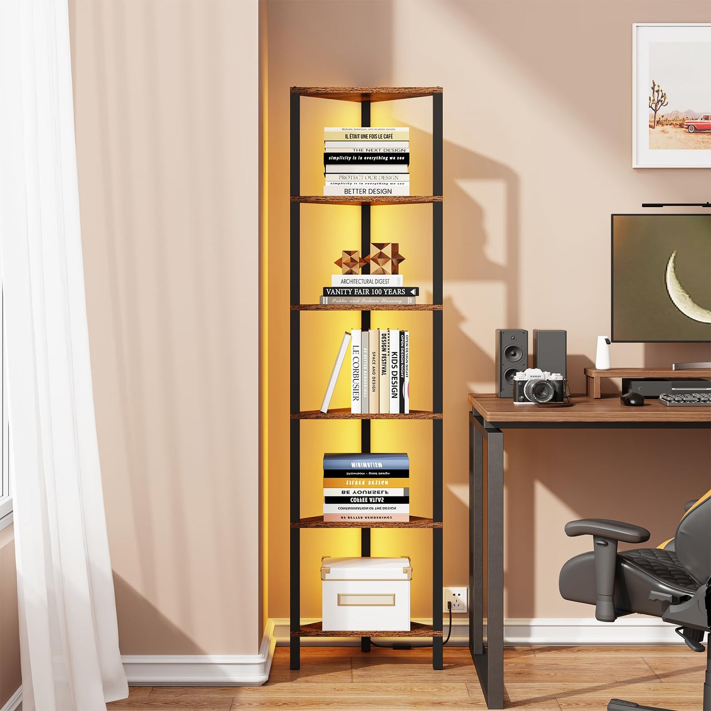 TUTOTAK Corner Shelf with LED Light, 6-Tier Corner Bookshelf for Small Space, Narrow Display Corner Shelf Stand with Storage Rack, for Living Room, Bedroom, Rustic Brown BS05BB006L