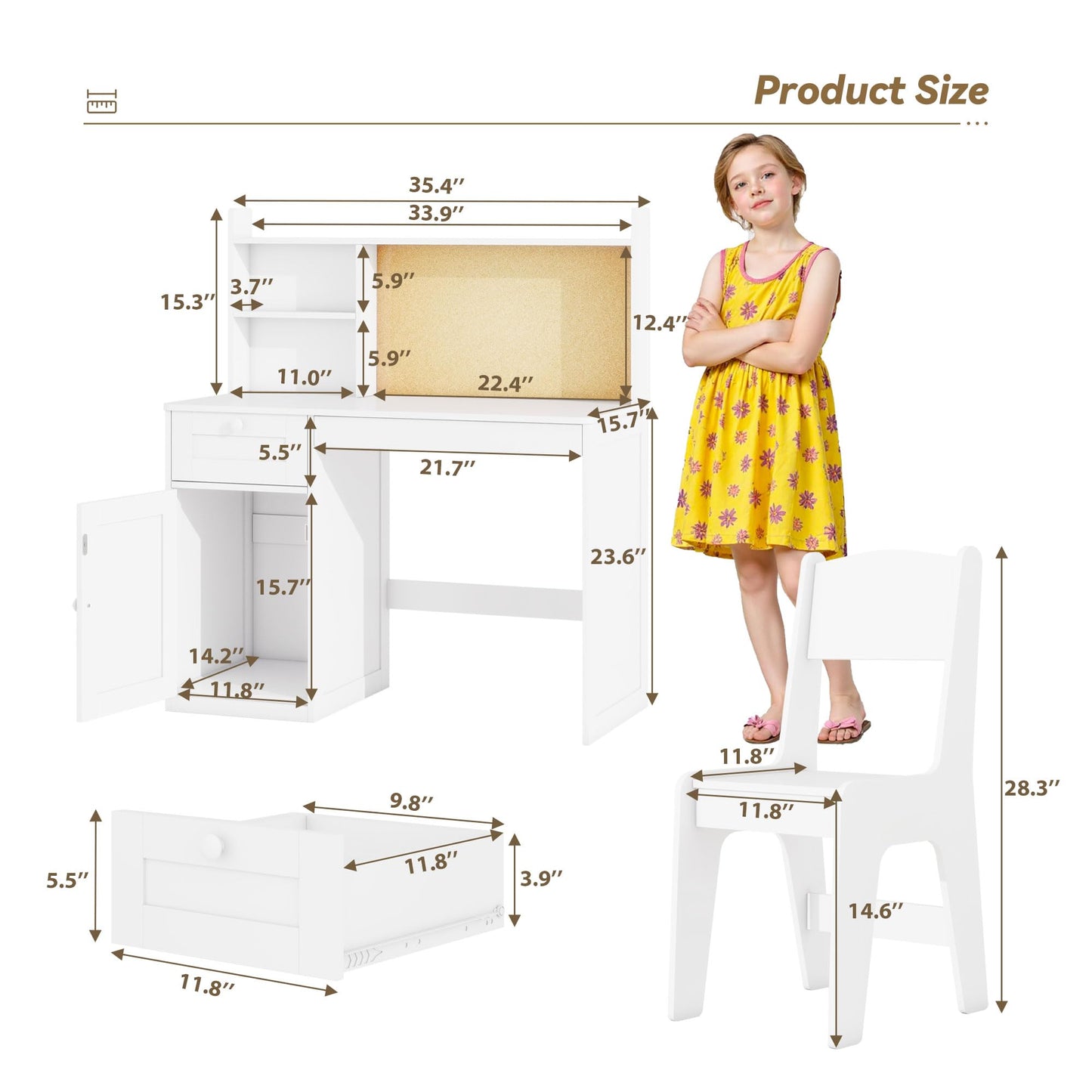Kids Study Desk with Chair, Kids Desk Chair Set for 5-12 Years Old, Children Wooden Study Table with Hutch & Storage Cabinet, Student Writing Table Computer Workstation for Girls and Boys, White