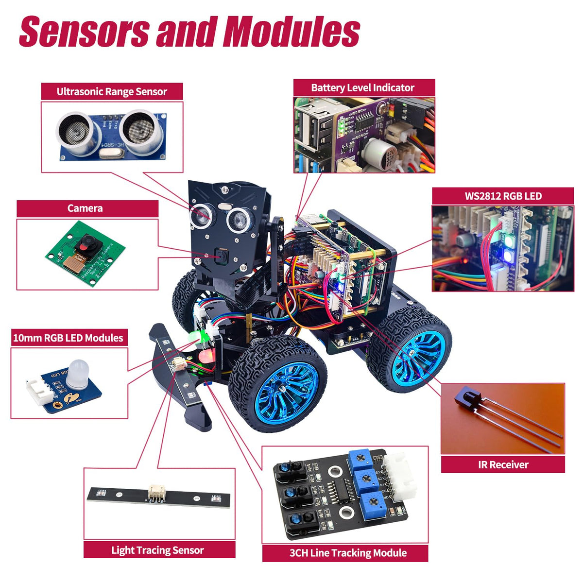 Adeept PiCar-B Mars Rover Smart Car Kit for Raspberry Pi 5/4B/3B/3B+, Obstacle Avoidance, Line Tracking, Light Tracing, Camera, Speech Recognition, Python, PDF Tutorials(Raspberry Pi NOT Included)