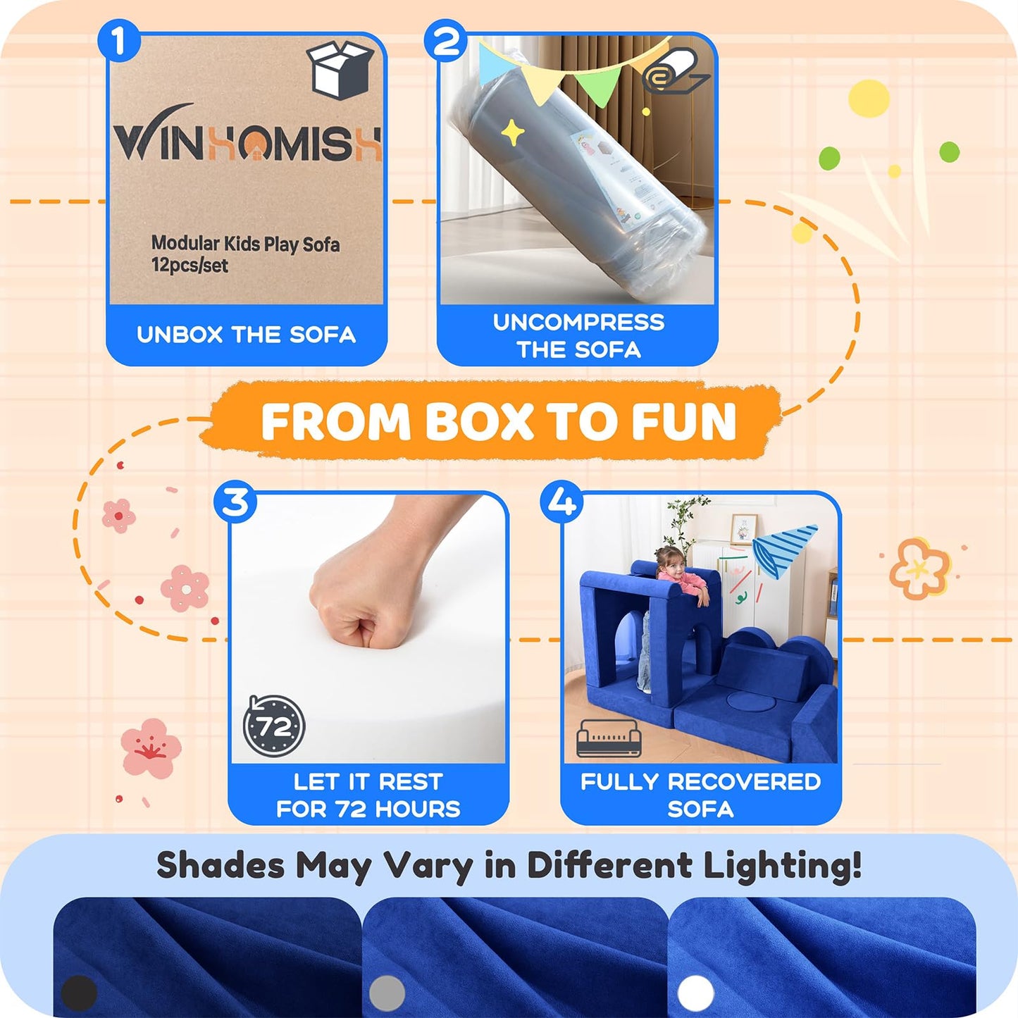 Winhomish 12 Pcs Modular Kids Play Couch – Premium Soft Foam, Removable Cover, Comfortable & Safe Toddler Couch for Children 1-6 Years, Portable & Easy to Clean, Ideal for Living Room & Playroom, Blue