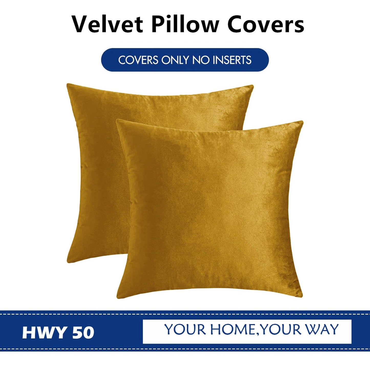 HWY 50 Dark Gold Velvet Throw Pillow Covers 18x18 Inch, Pack of 2 Soft Cozy Solid Decorative Luxury Cushion Cases for Couch Sofa Bed Living Room Bedroom