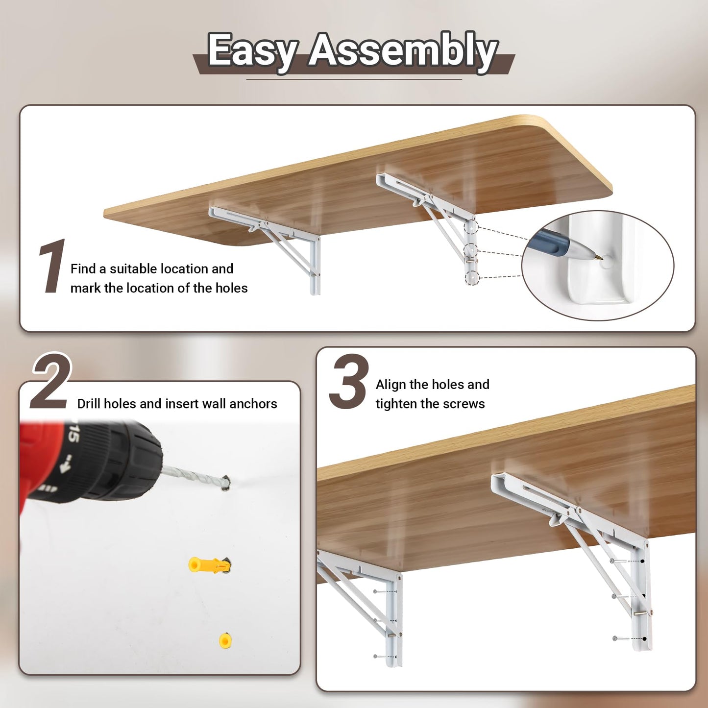 Neoaider Wall Mounted Folding Table 47.2”L x 19.7”W, Laundry Folding Table with Heavy Duty Metal Collapsible Shelf Brackets, Wall Mounted Desk Fold Down for Small Spaces, Wood Color